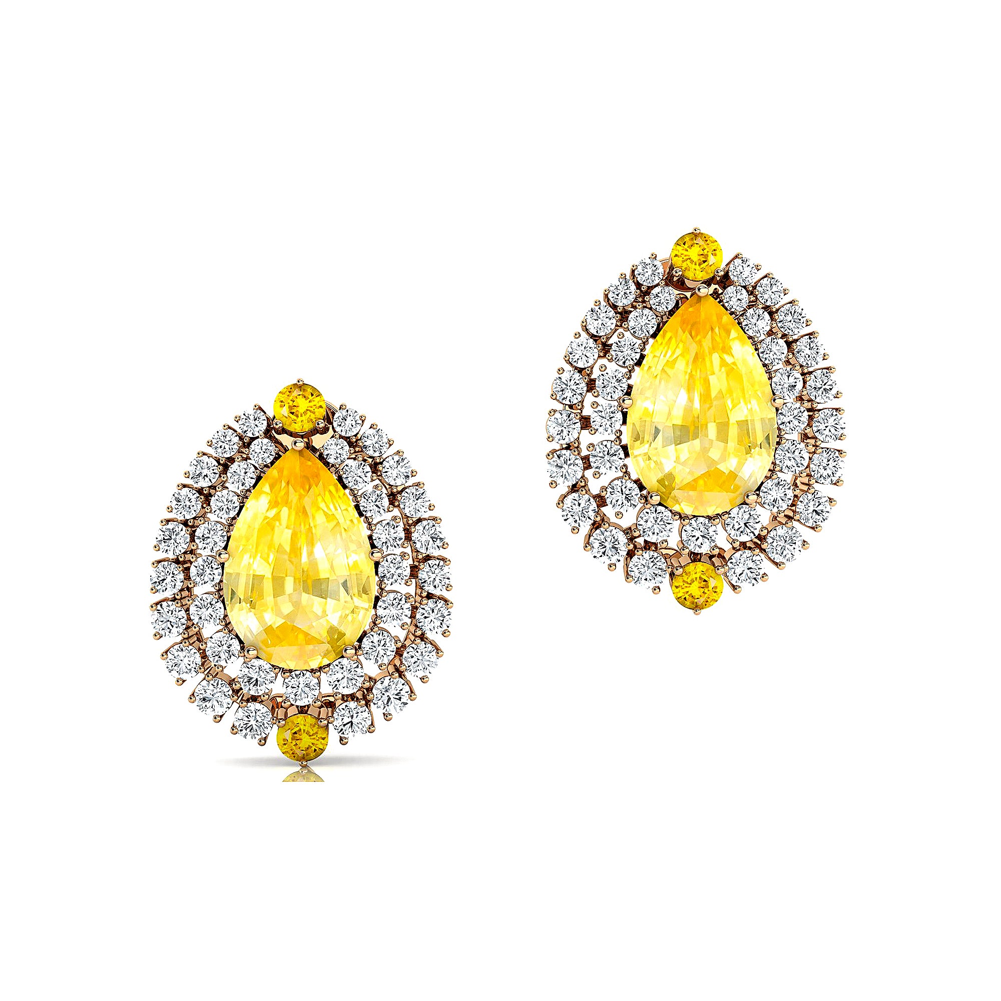 Double Halo Cluster Diamonds Teardrop Yellow Sapphire Stud Earrings - GeumJewels