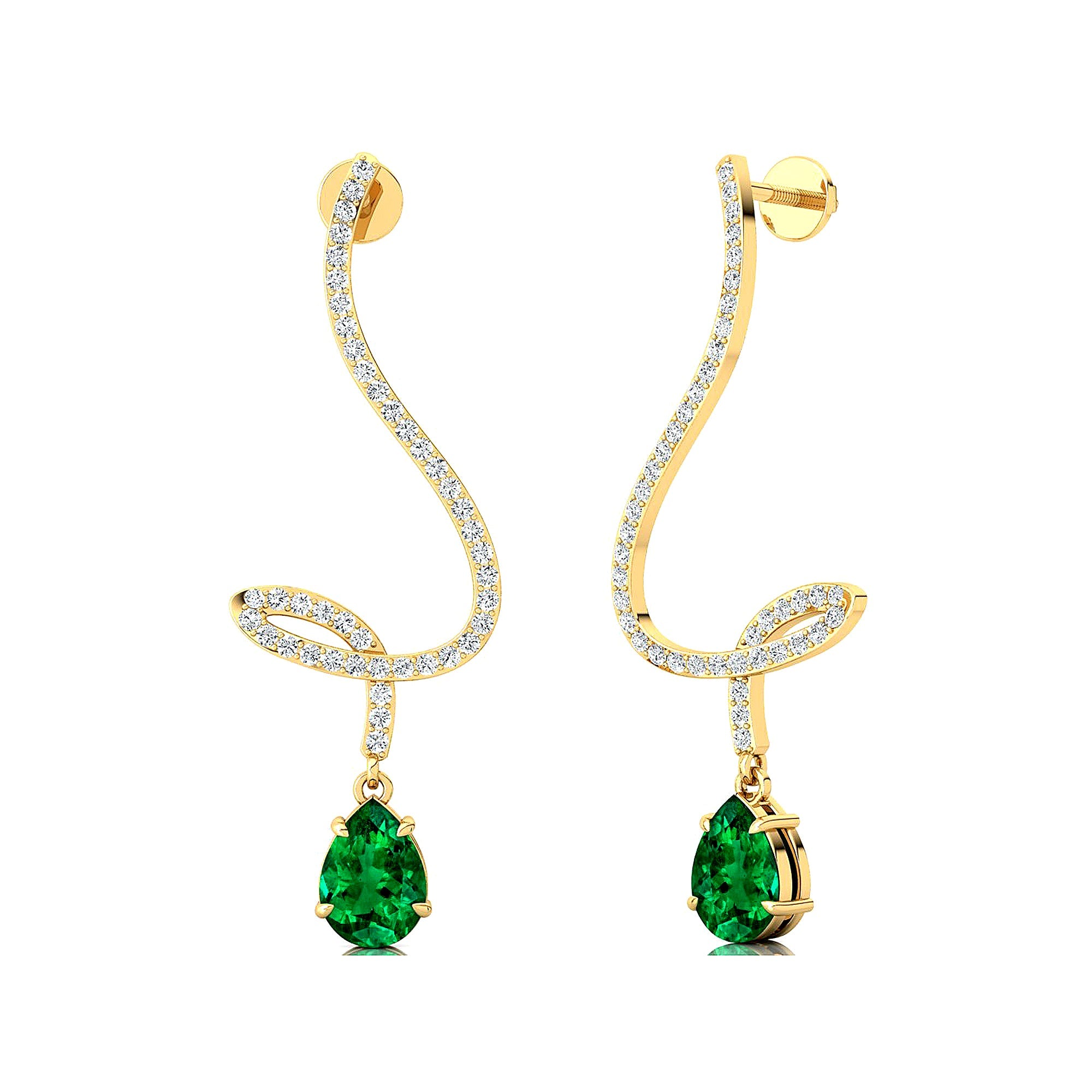 Elegant Spiral Teardrop Emerald Diamond Drop Earrings - GeumJewels