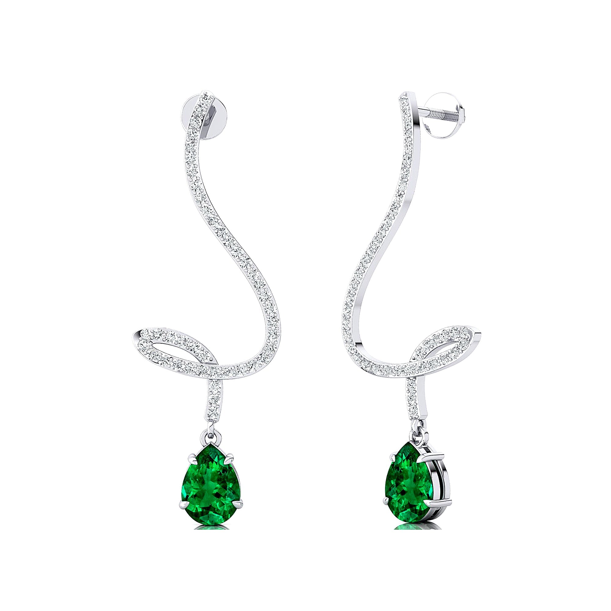 Elegant Spiral Teardrop Emerald Diamond Drop Earrings - GeumJewels