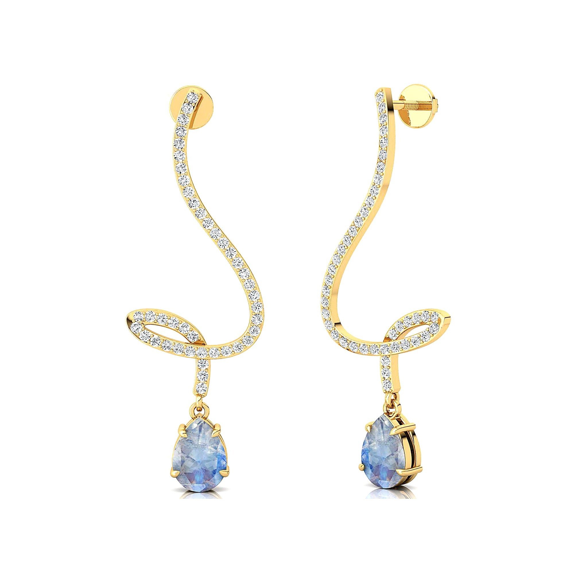 Elegant Spiral Teardrop Moonstone Diamond Drop Earrings - GeumJewels