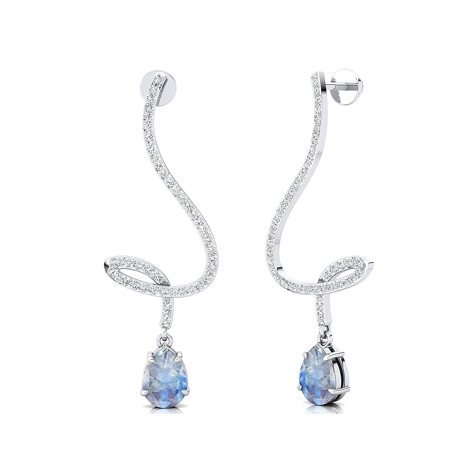 Elegant Spiral Teardrop Moonstone Diamond Drop Earrings - GeumJewels