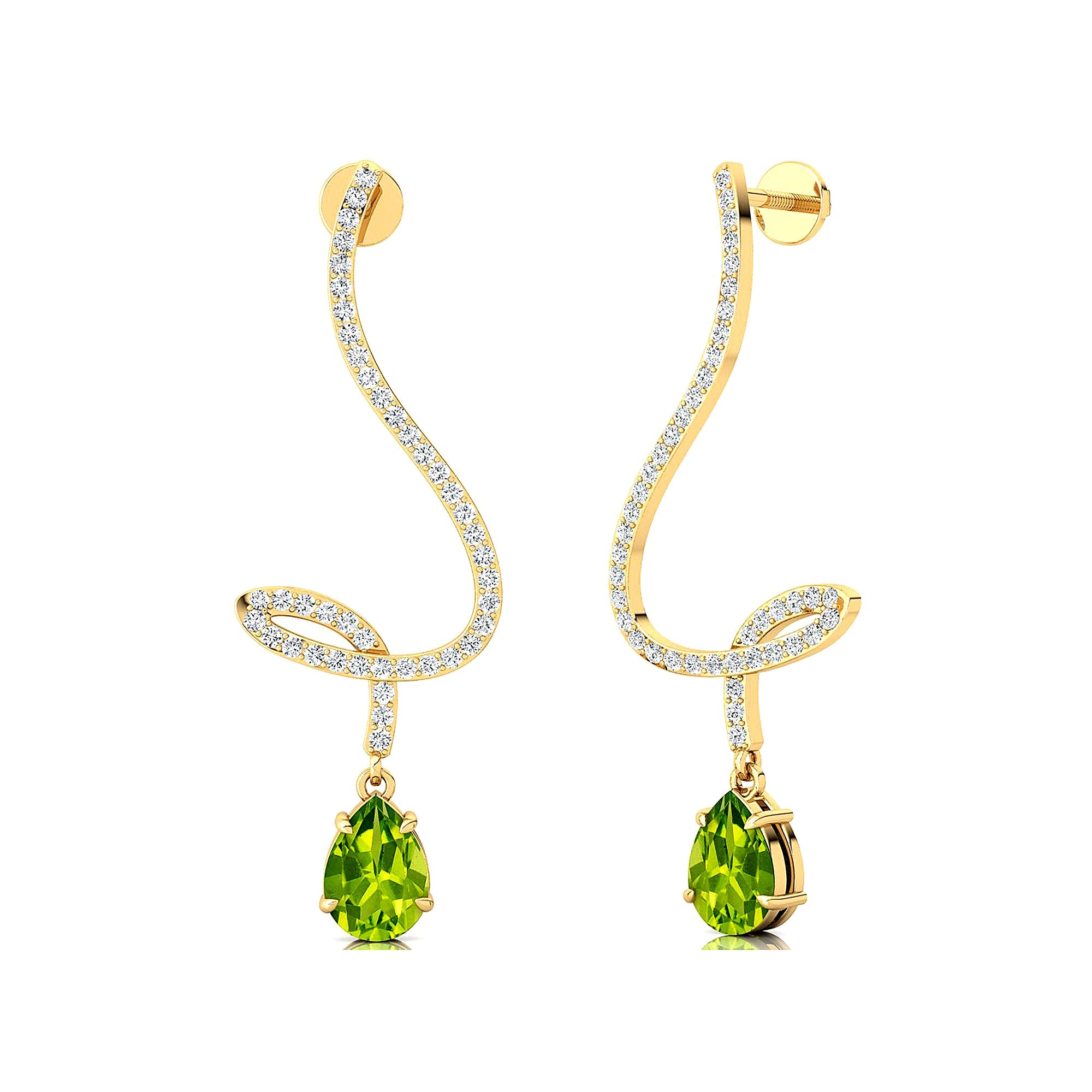 Elegant Spiral Teardrop Peridot Diamond Drop Earrings - GeumJewels
