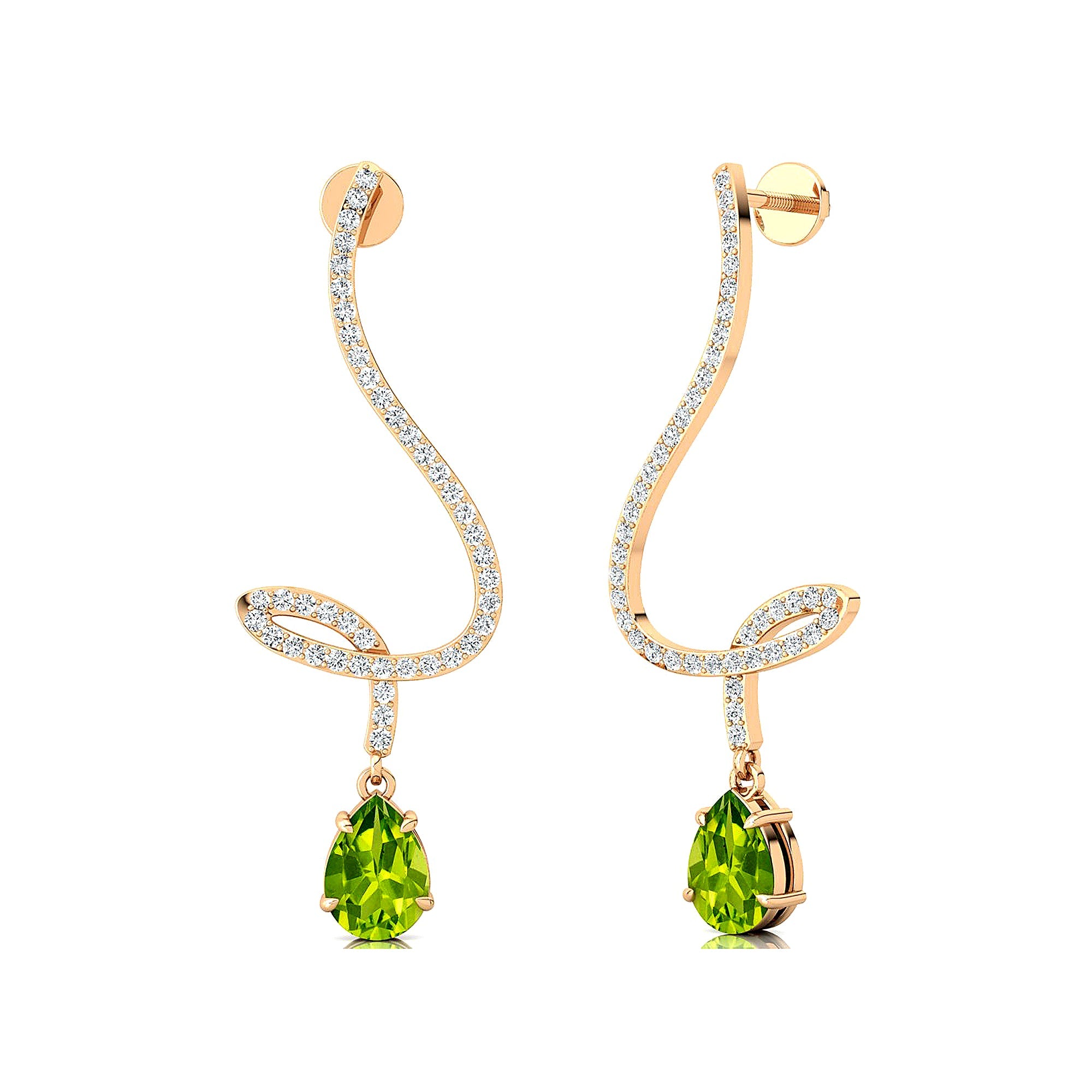Elegant Spiral Teardrop Peridot Diamond Drop Earrings - GeumJewels