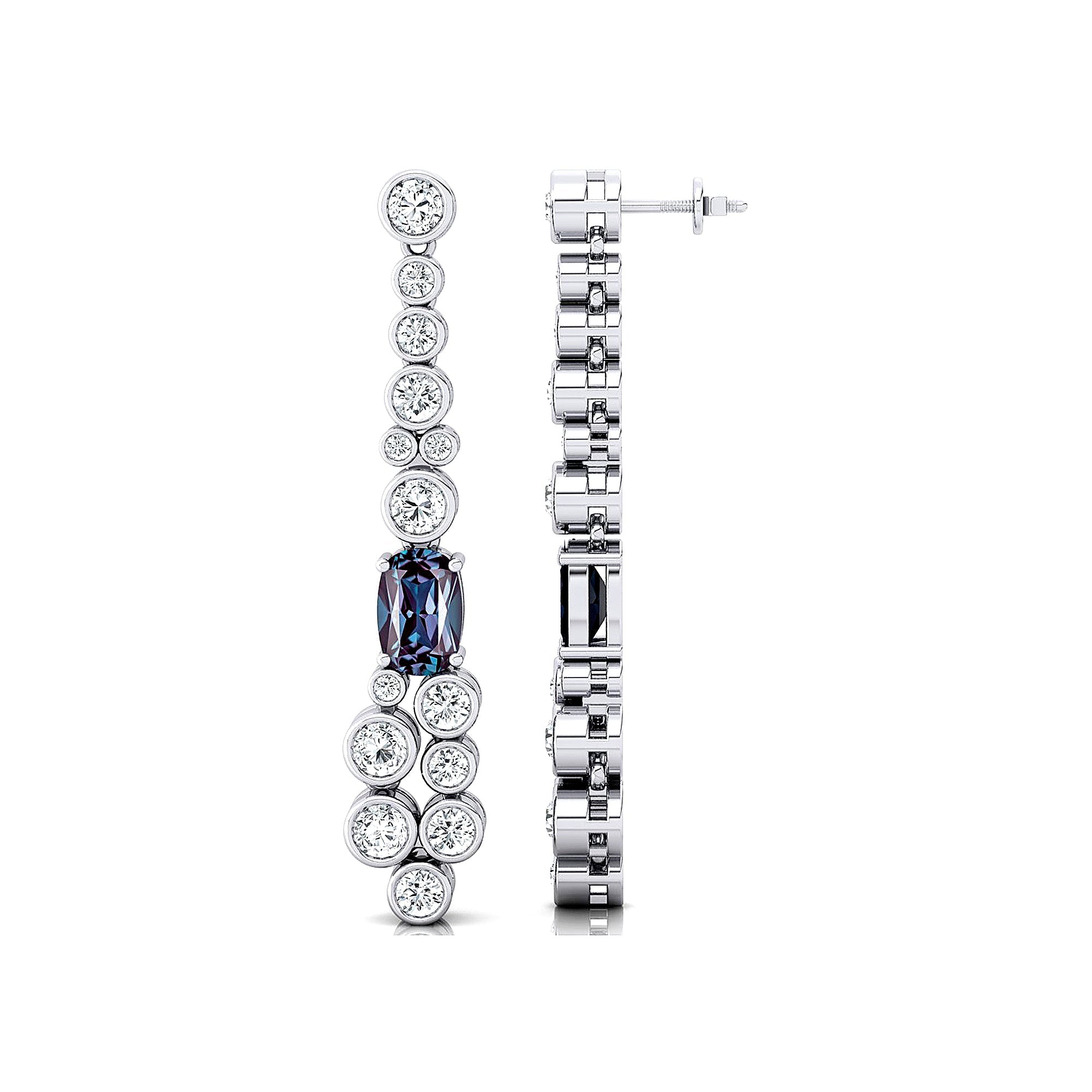 Elongated Cushion Alexandrite Bezel Set Diamond Drop Earrings - GeumJewels