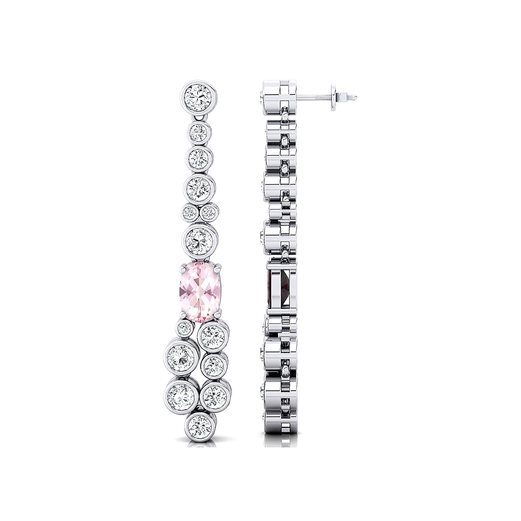 Elongated Cushion Morganite Bezel Set Diamond Drop Earrings - GeumJewels
