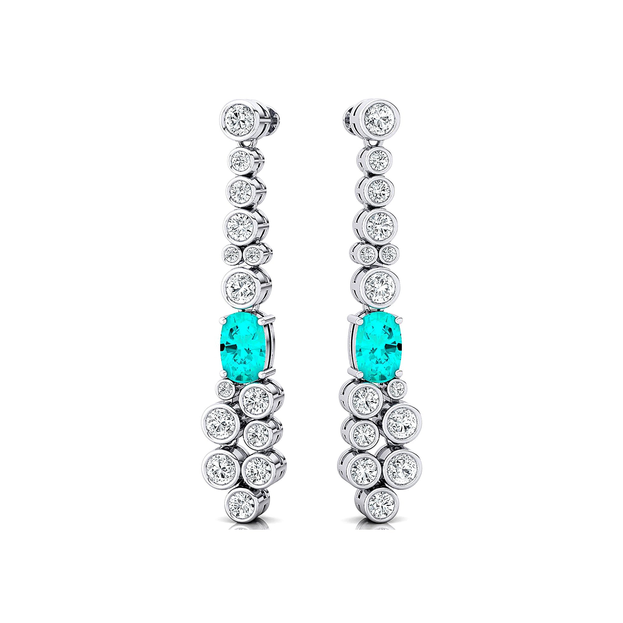 Elongated Cushion Paraiba Tourmaline Bezel Set Diamond Drop Earrings - GeumJewels