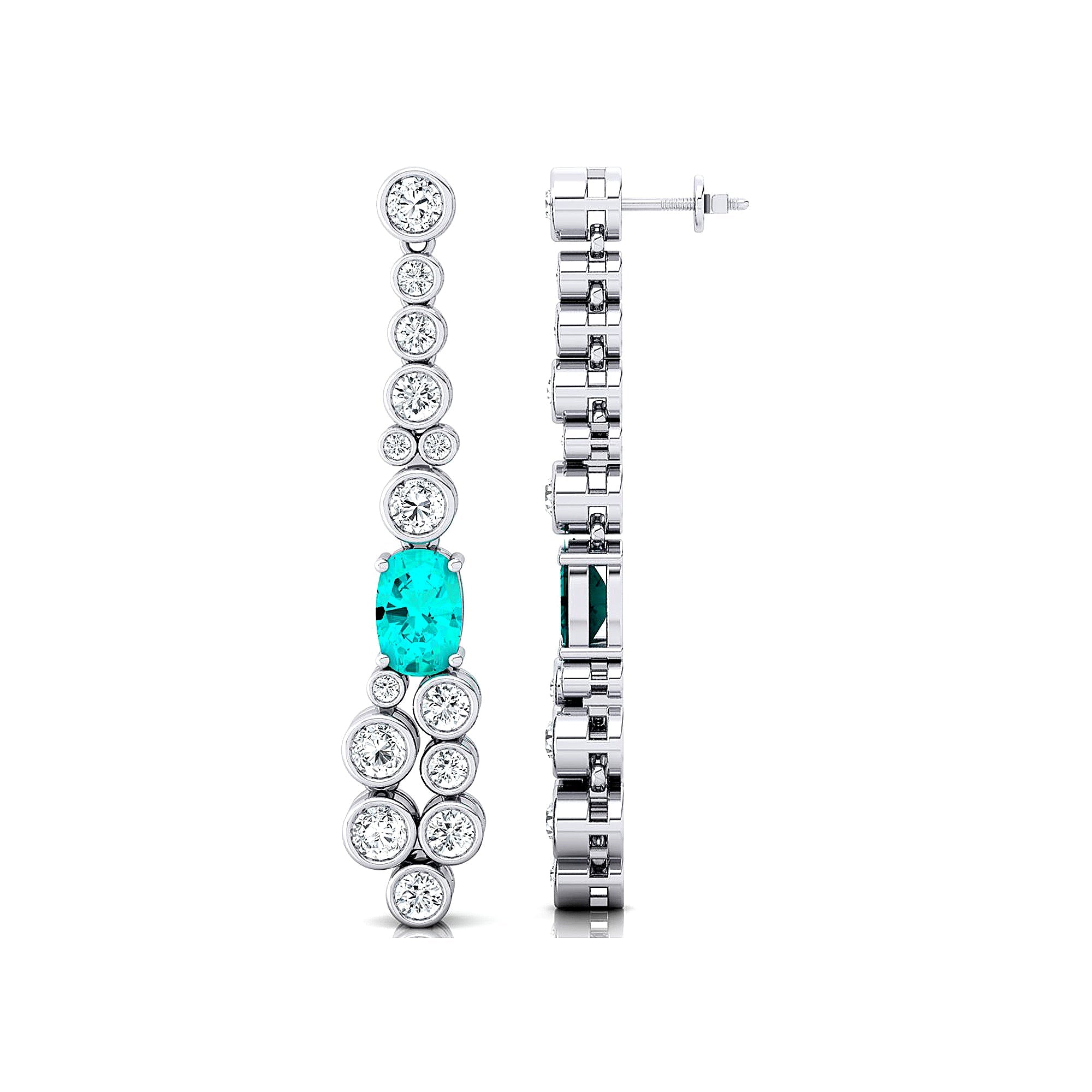Elongated Cushion Paraiba Tourmaline Bezel Set Diamond Drop Earrings - GeumJewels