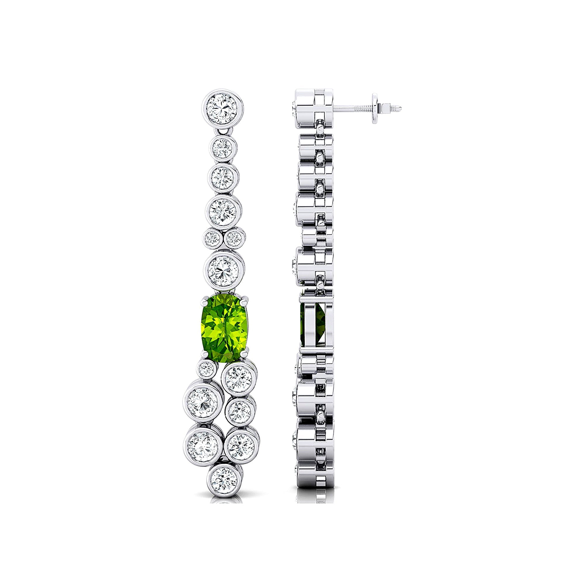 Elongated Cushion Peridot Bezel Set Diamond Drop Earrings - GeumJewels