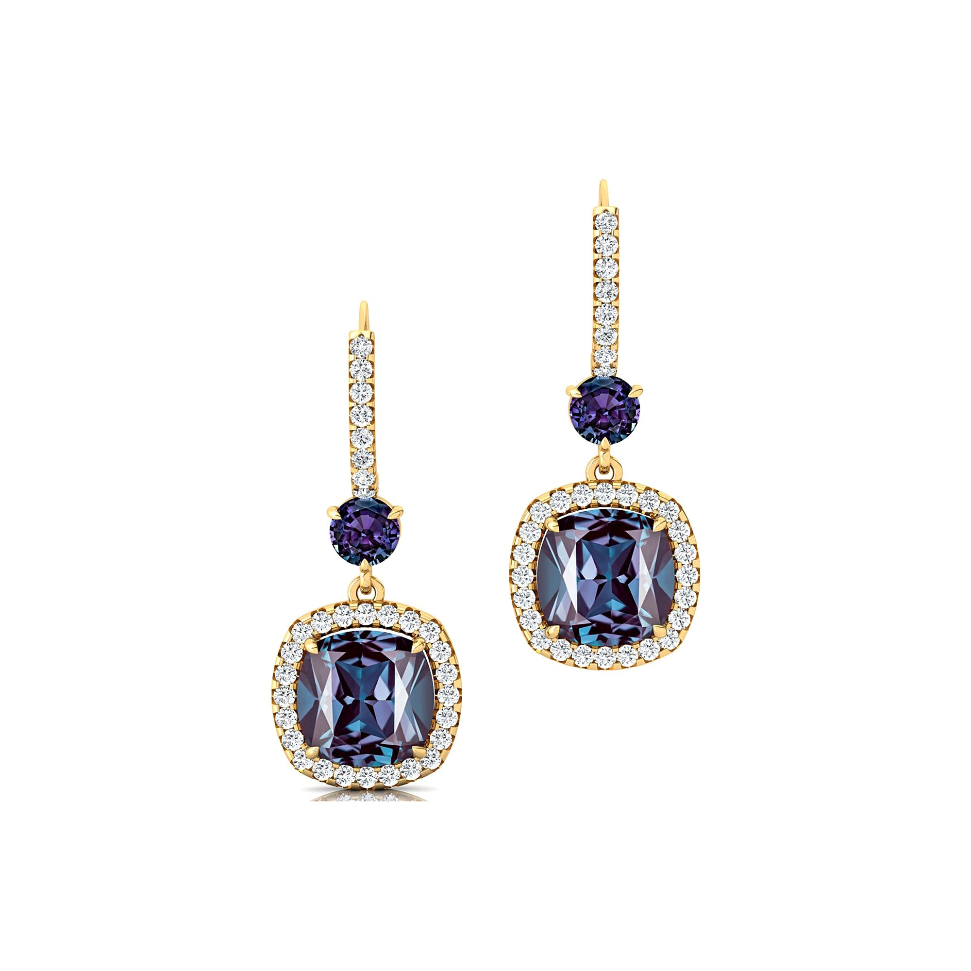 Halo Diamond Cushion Cut Alexandrite Dangle Earrings - GeumJewels