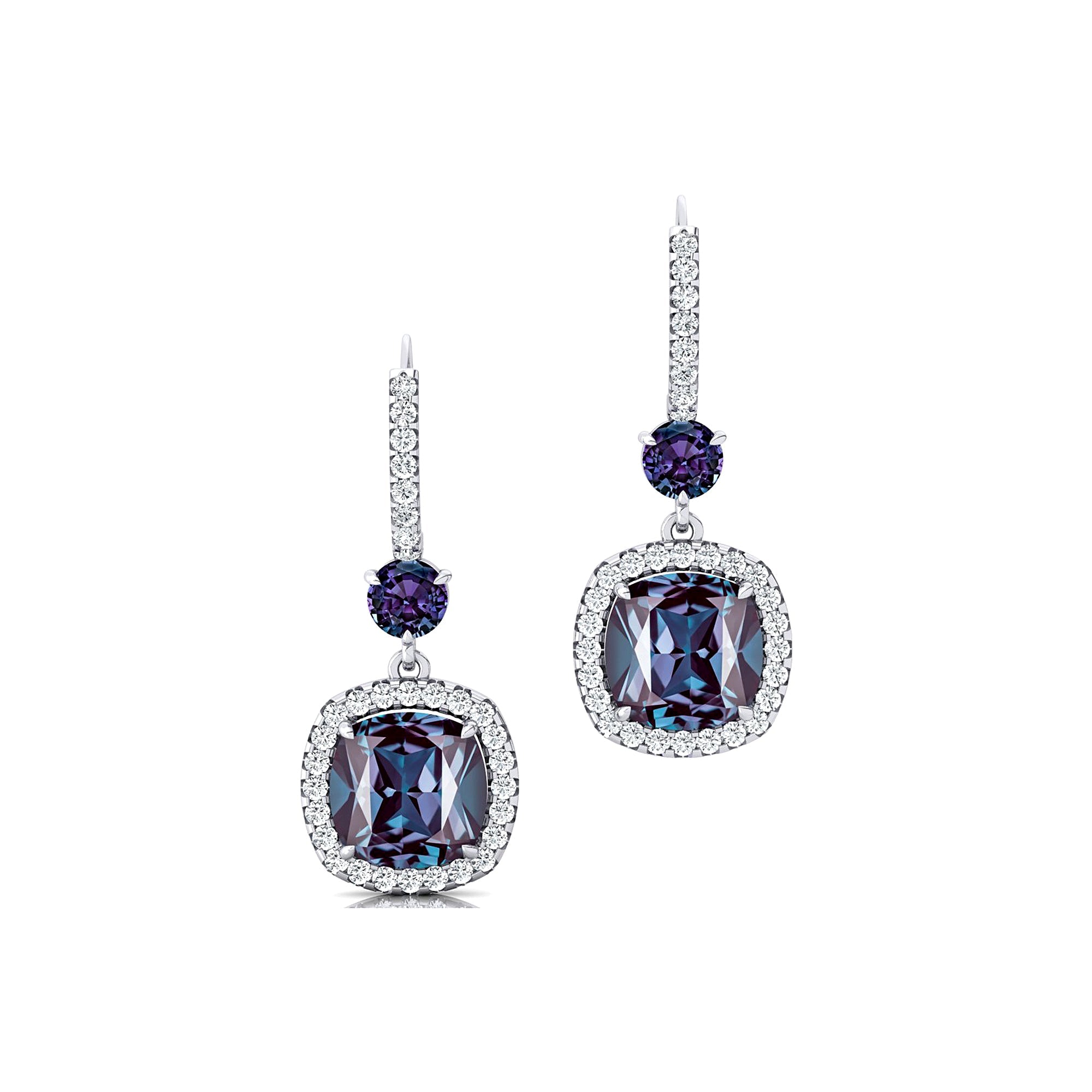 Halo Diamond Cushion Cut Alexandrite Dangle Earrings - GeumJewels