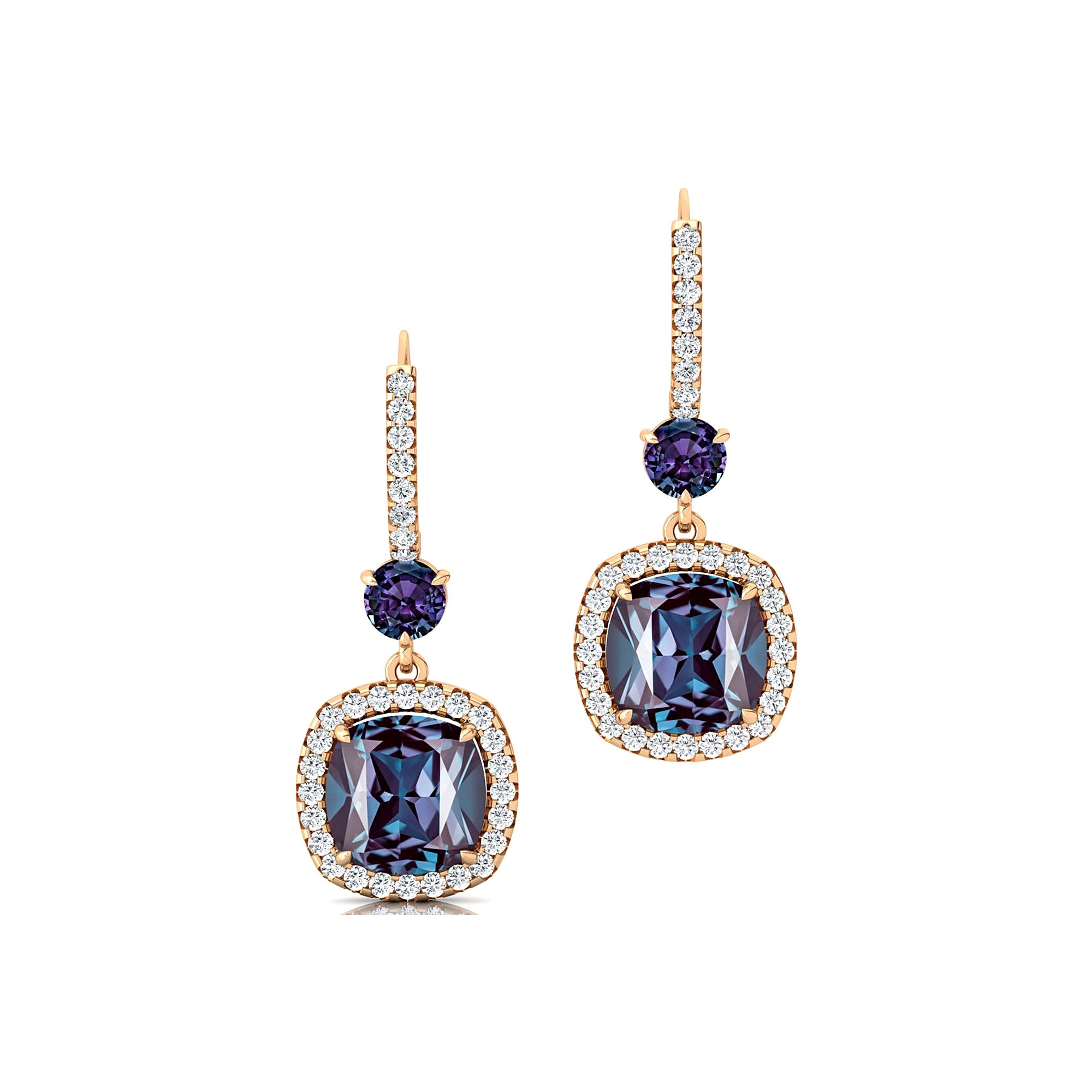 Halo Diamond Cushion Cut Alexandrite Dangle Earrings - GeumJewels