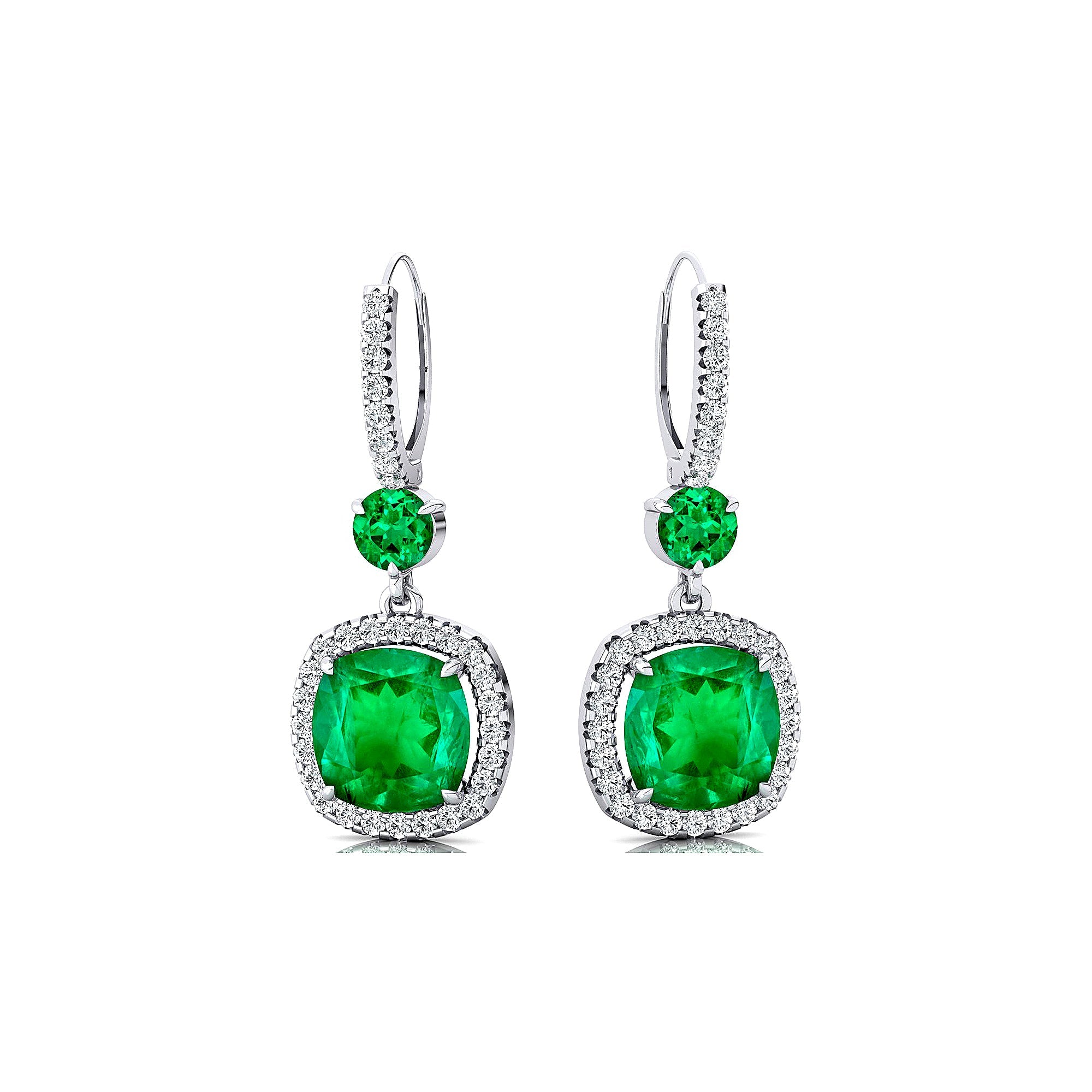 Halo Diamond Cushion Cut Emerald Dangle Earrings - GeumJewels