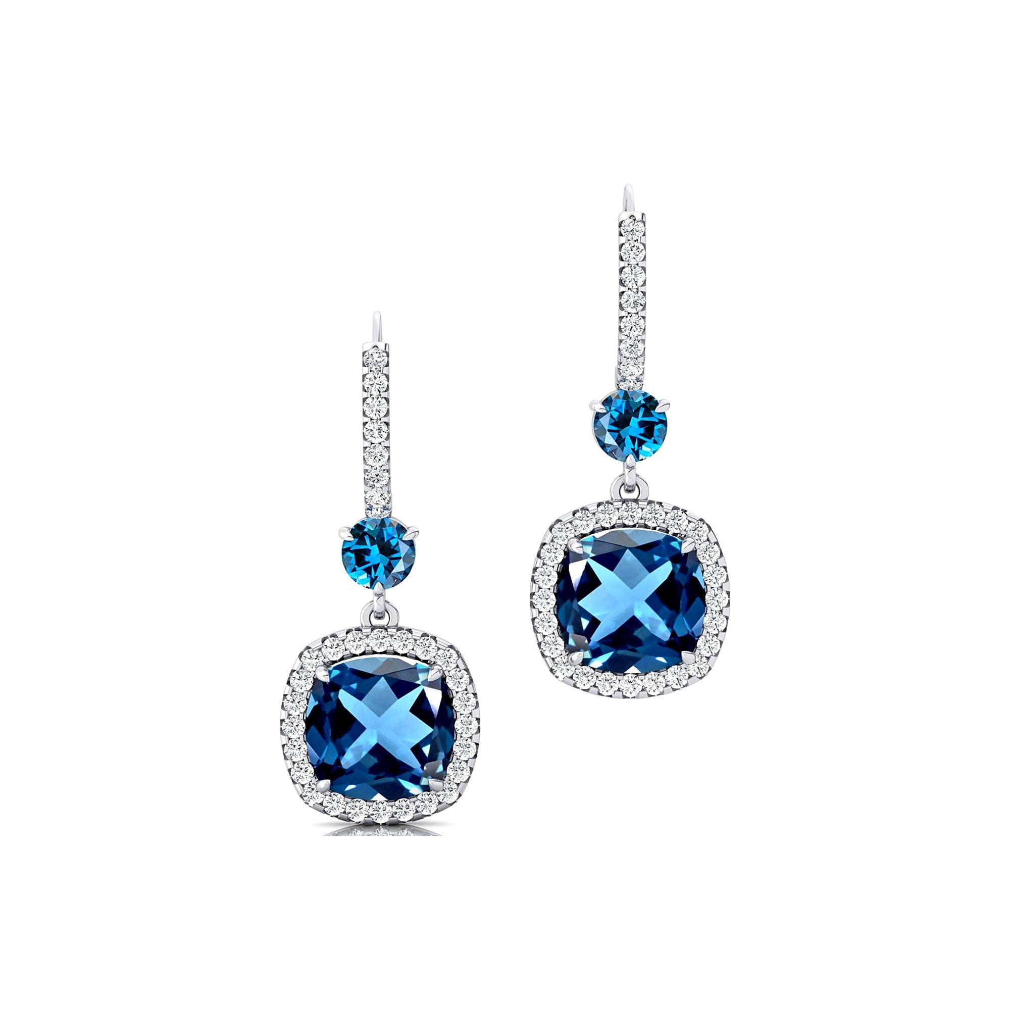 Halo Diamond Cushion Cut London Blue Topaz Dangle Earrings - GeumJewels