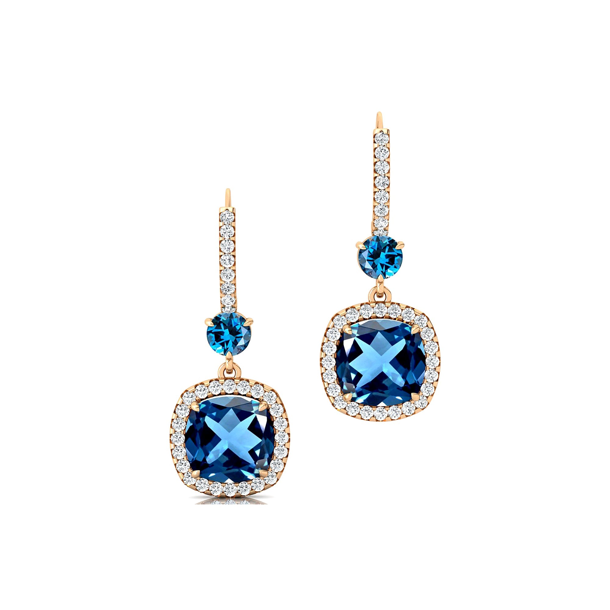 Halo Diamond Cushion Cut London Blue Topaz Dangle Earrings - GeumJewels