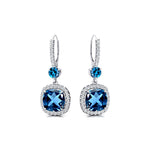 Halo Diamond Cushion Cut London Blue Topaz Dangle Earrings - GeumJewels