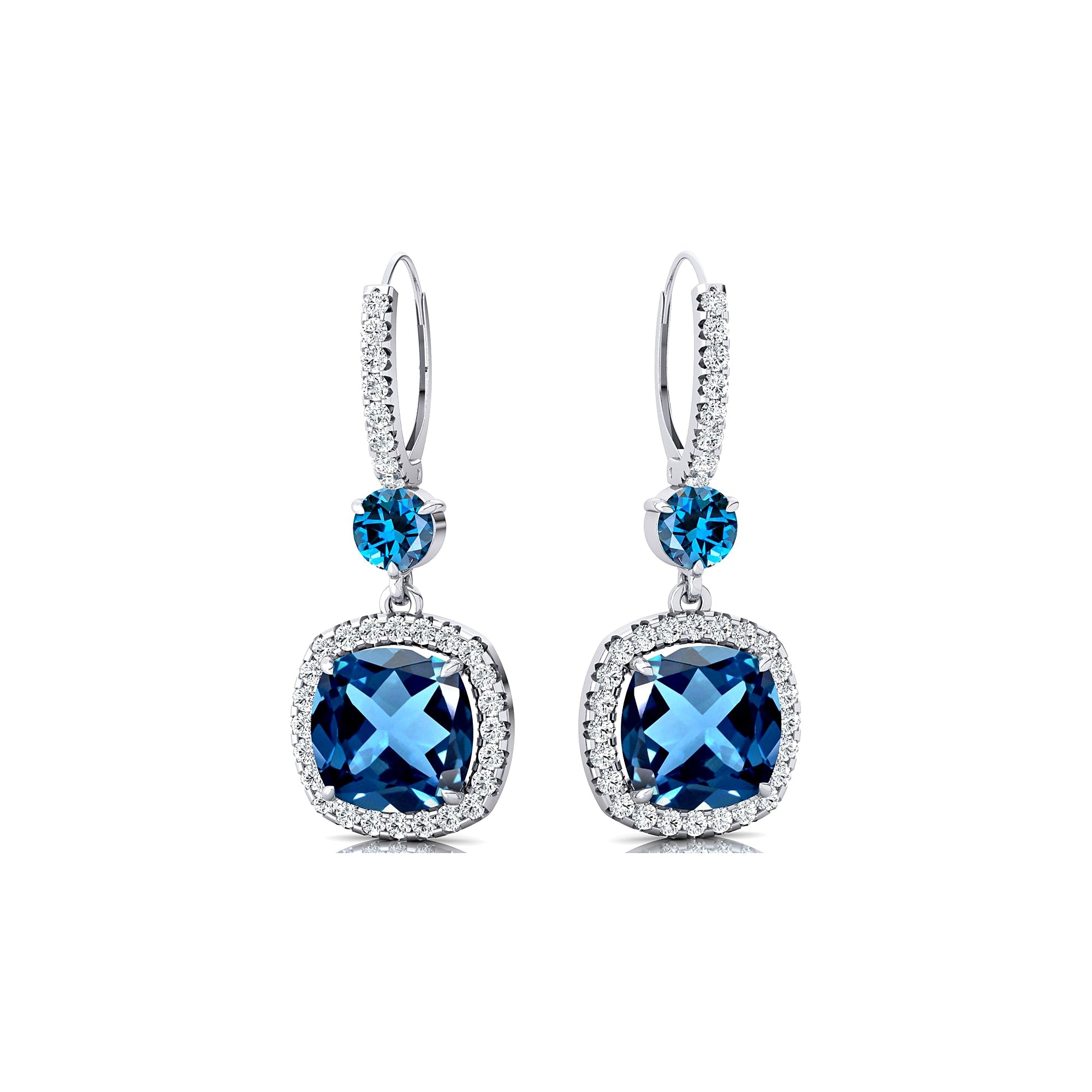 Halo Diamond Cushion Cut London Blue Topaz Dangle Earrings - GeumJewels