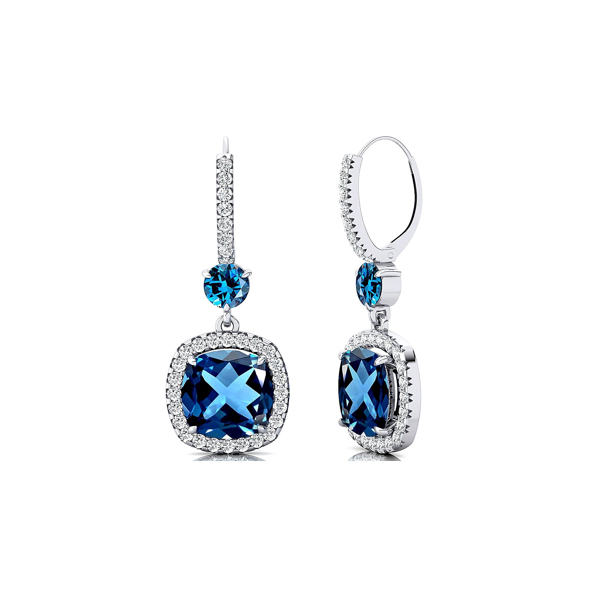 Halo Diamond Cushion Cut London Blue Topaz Dangle Earrings - GeumJewels
