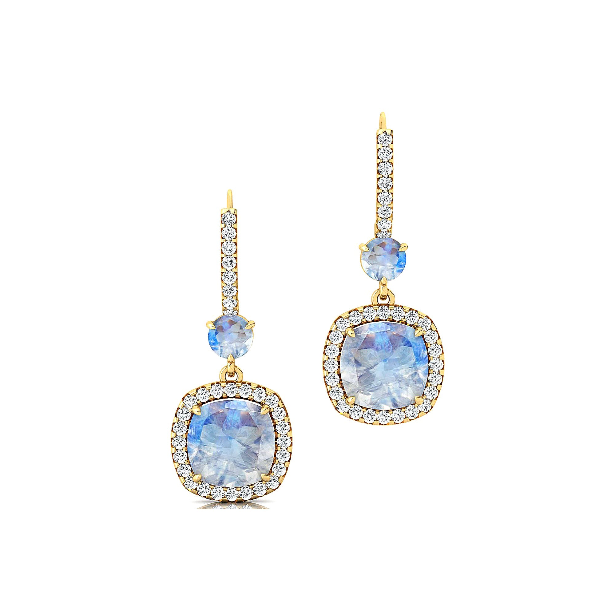 Halo Diamond Cushion Cut Moonstone Dangle Earrings - GeumJewels