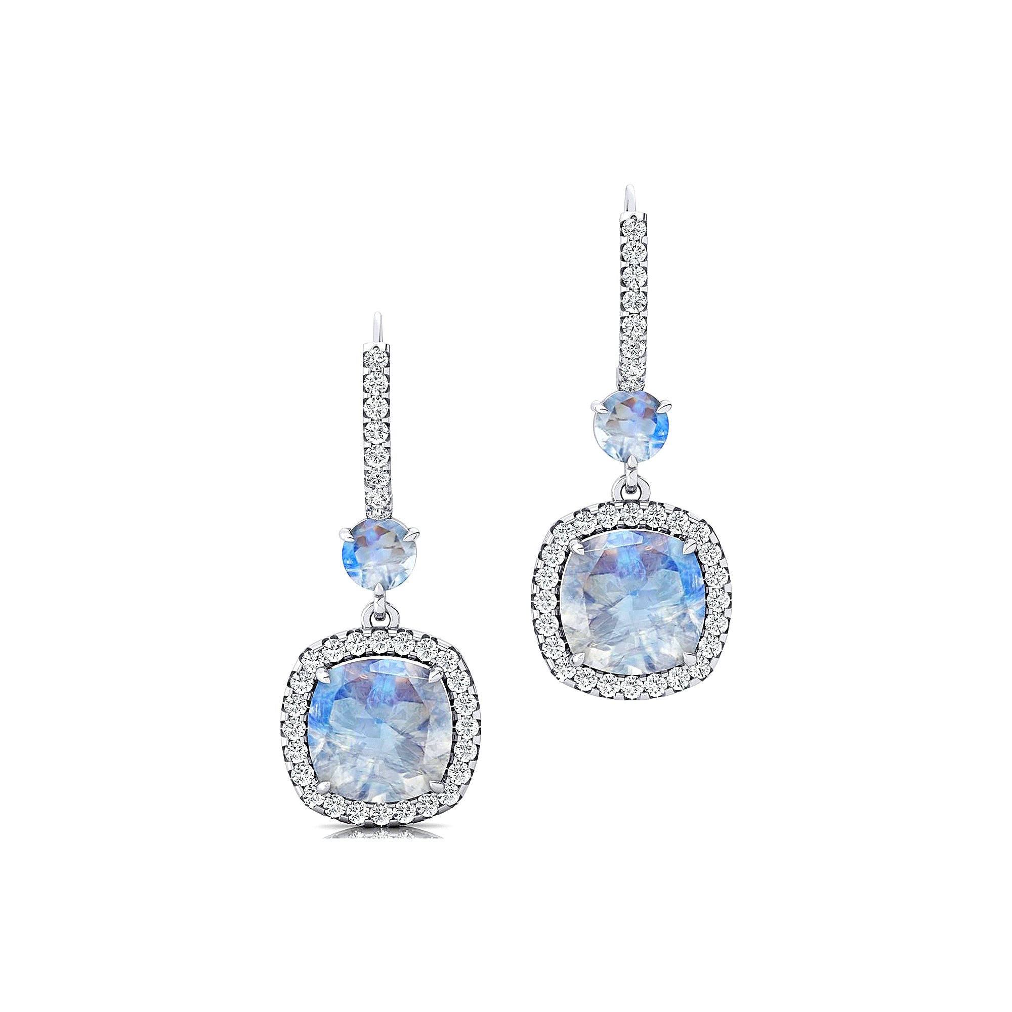 Halo Diamond Cushion Cut Moonstone Dangle Earrings - GeumJewels