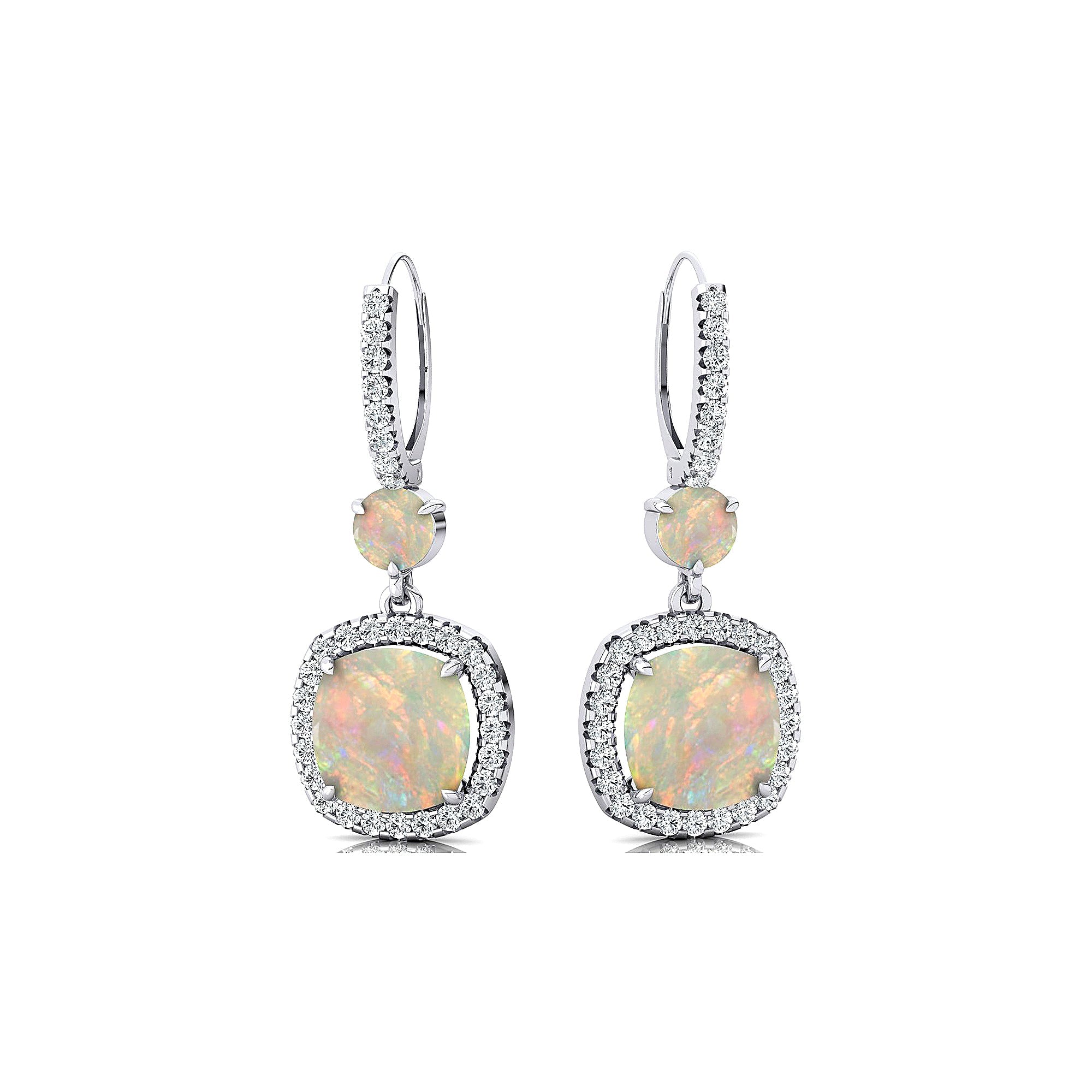 Halo Diamond Cushion Cut Opal Dangle Earrings - GeumJewels
