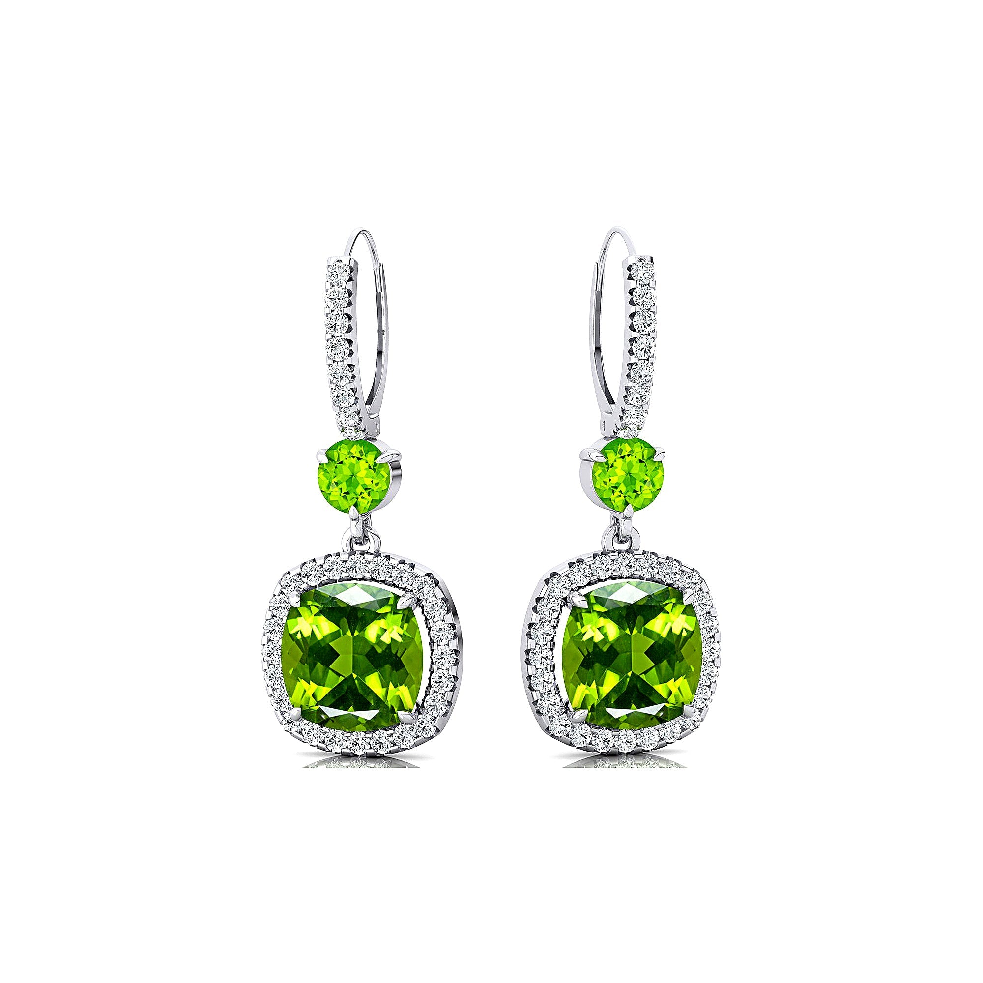 Halo Diamond Cushion Cut Peridot Dangle Earrings - GeumJewels