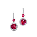 Halo Diamond Cushion Cut Pink Sapphire Dangle Earrings - GeumJewels