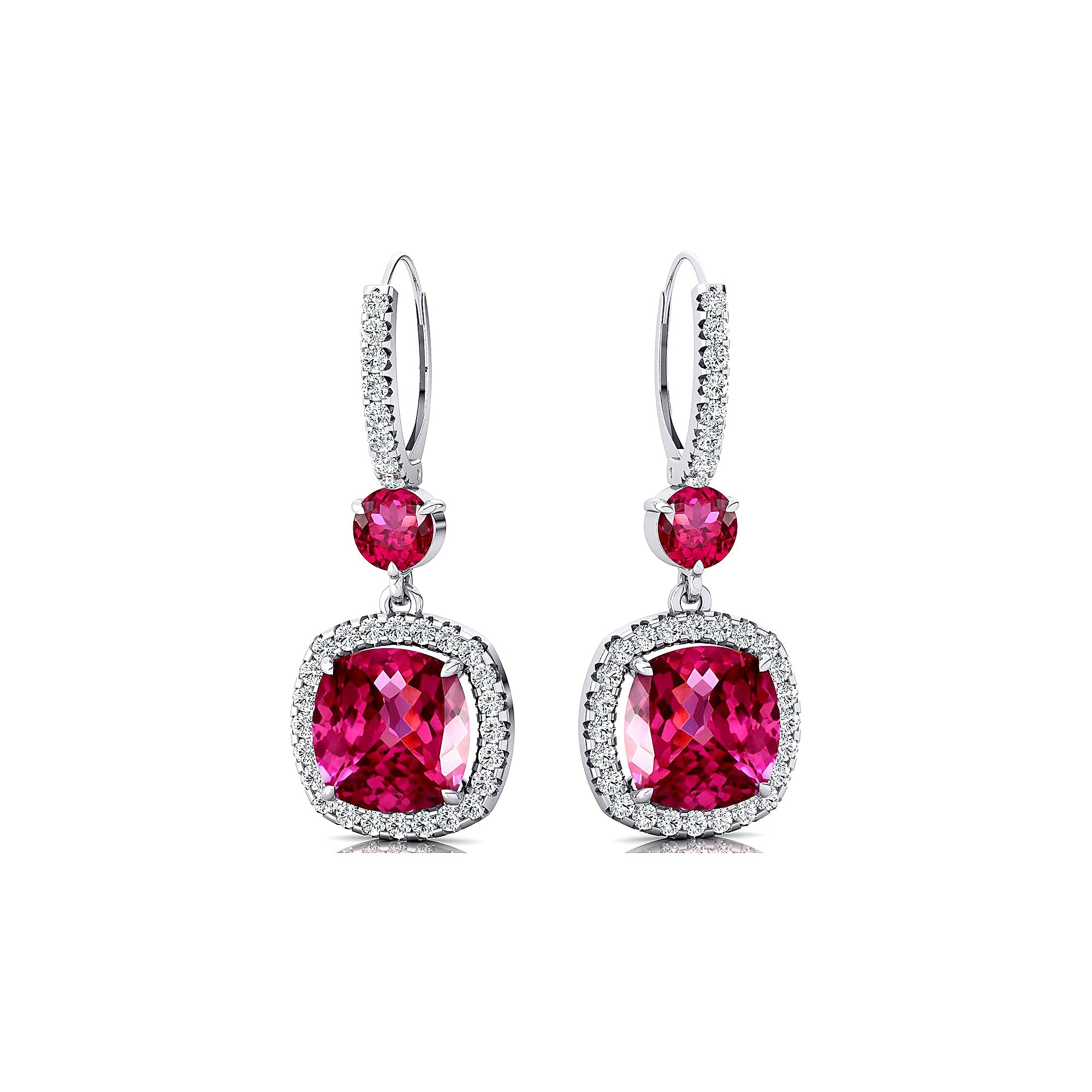 Halo Diamond Cushion Cut Pink Sapphire Dangle Earrings - GeumJewels