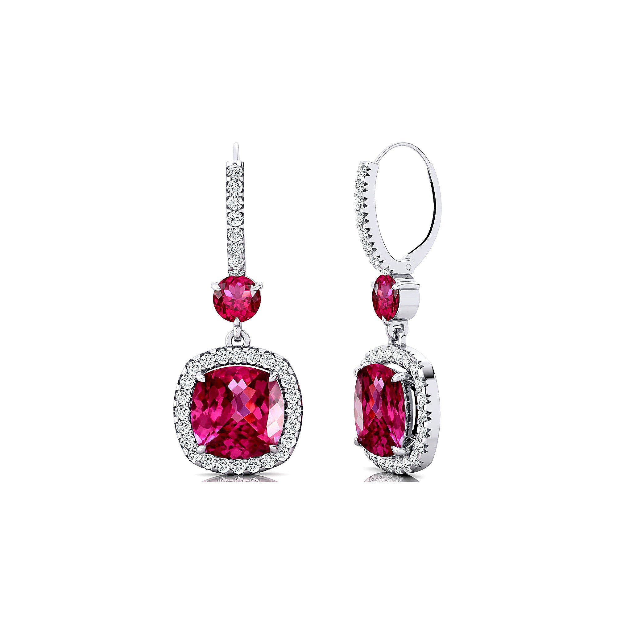 Halo Diamond Cushion Cut Pink Sapphire Dangle Earrings - GeumJewels