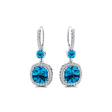Halo Diamond Cushion Cut Swiss Blue Topaz Dangle Earrings - GeumJewels