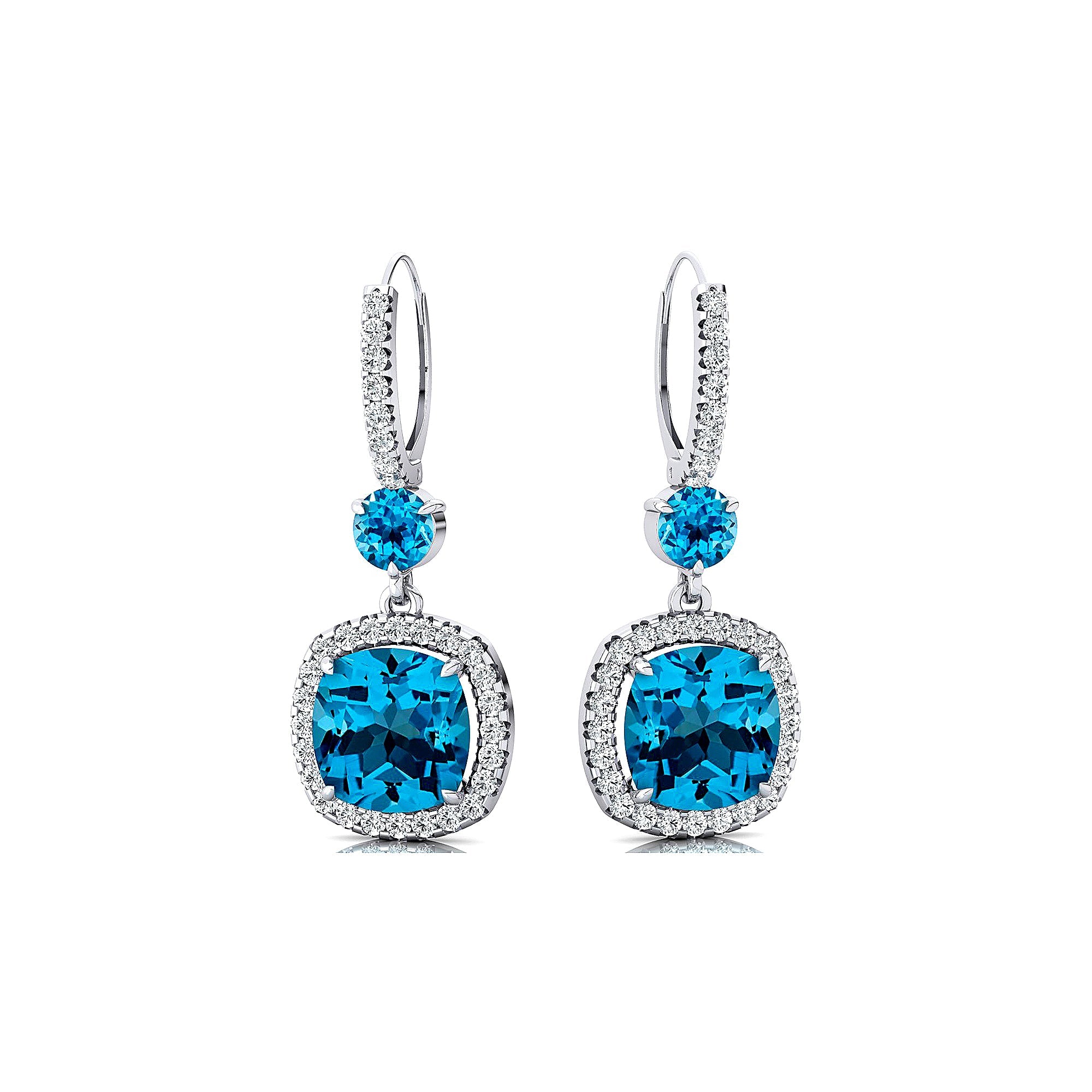 Halo Diamond Cushion Cut Swiss Blue Topaz Dangle Earrings - GeumJewels