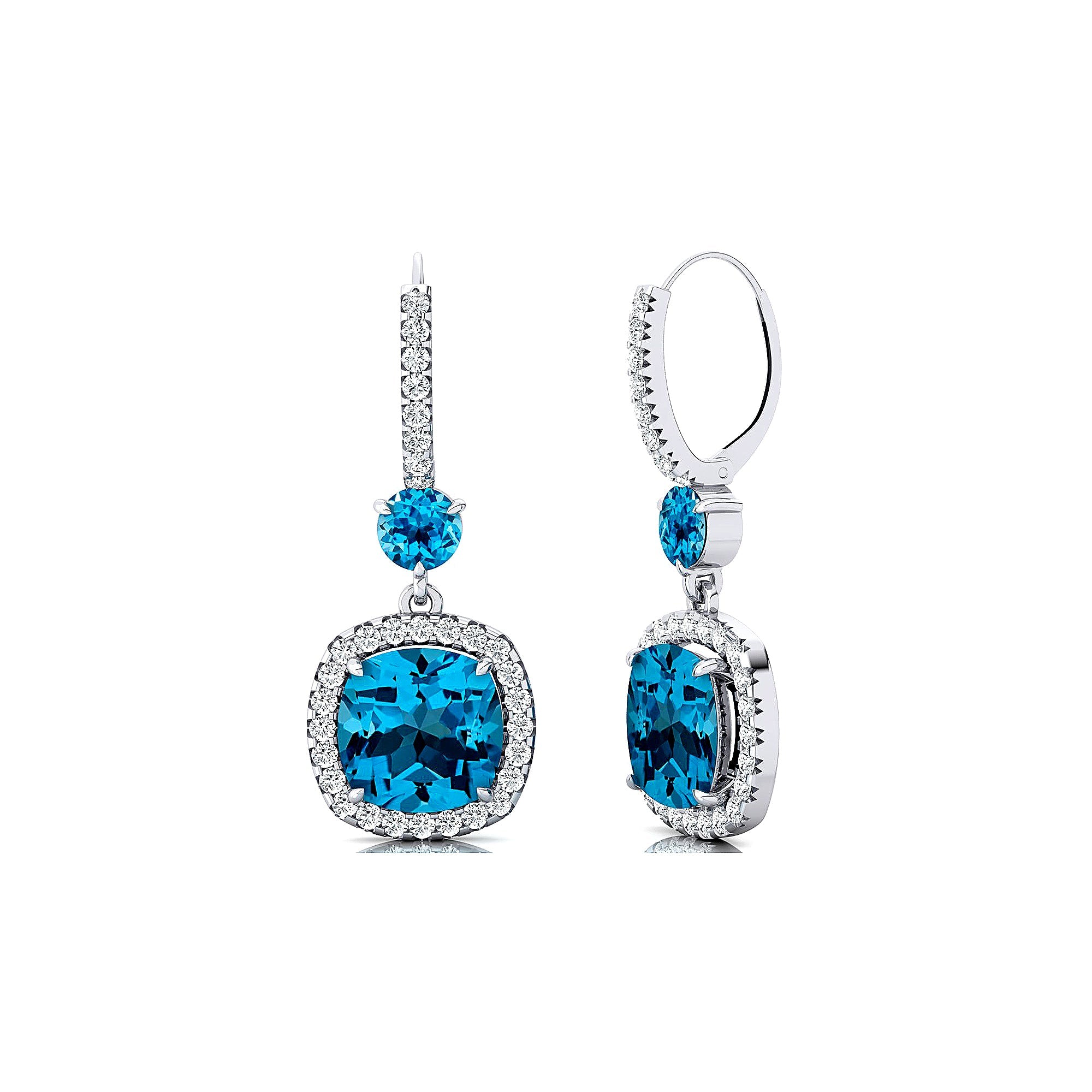 Halo Diamond Cushion Cut Swiss Blue Topaz Dangle Earrings - GeumJewels