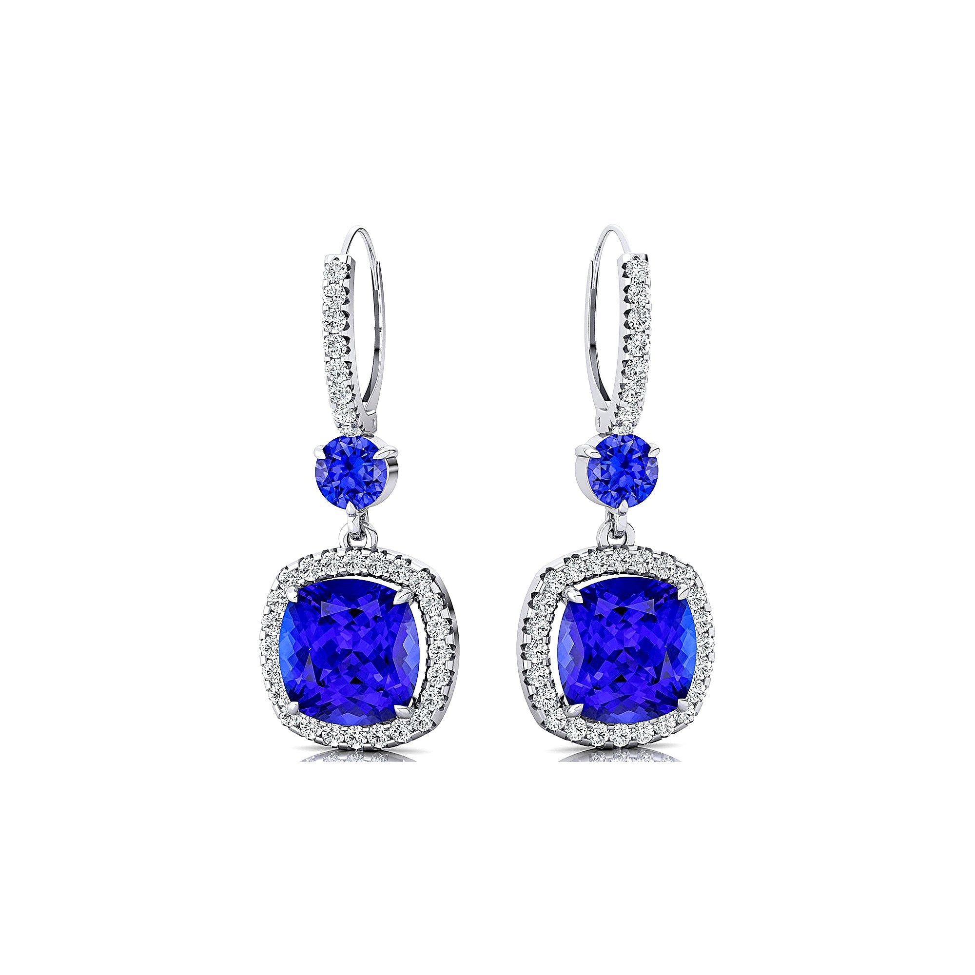 Halo Diamond Cushion Cut Tanzanite Dangle Earrings - GeumJewels
