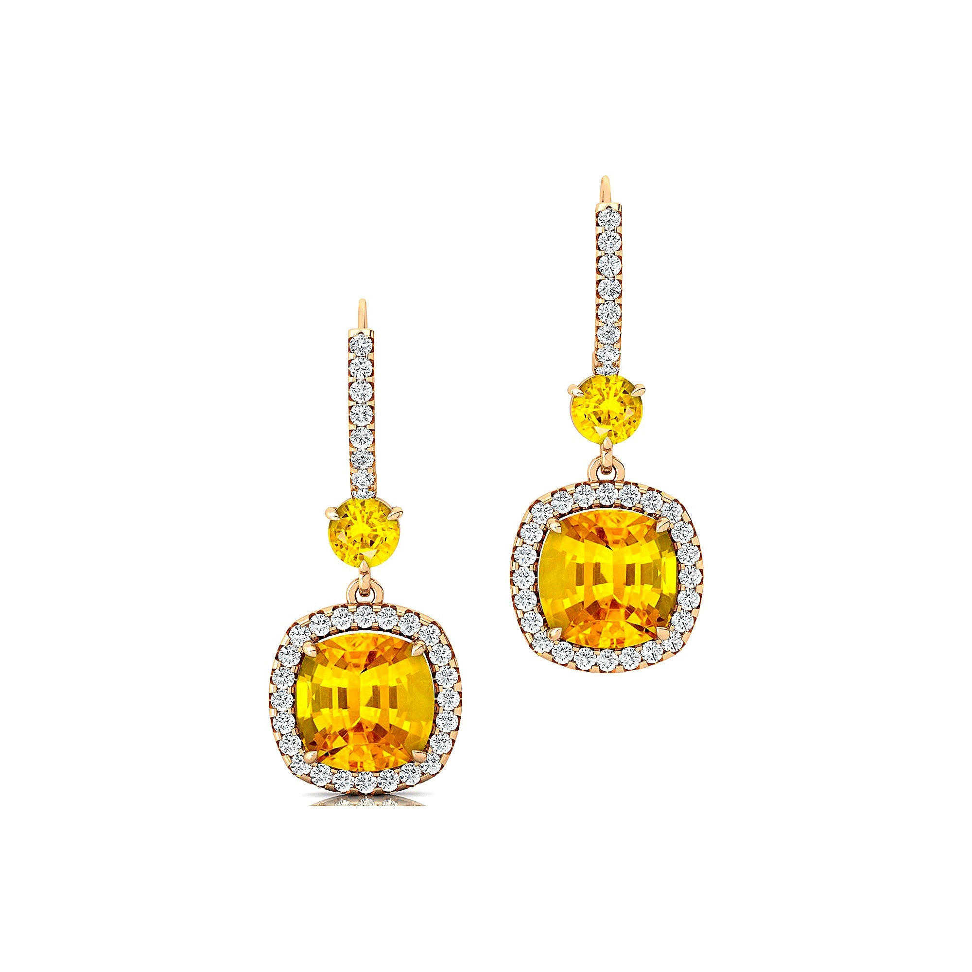 Halo Diamond Cushion Cut Yellow Sapphire Dangle Earrings - GeumJewels