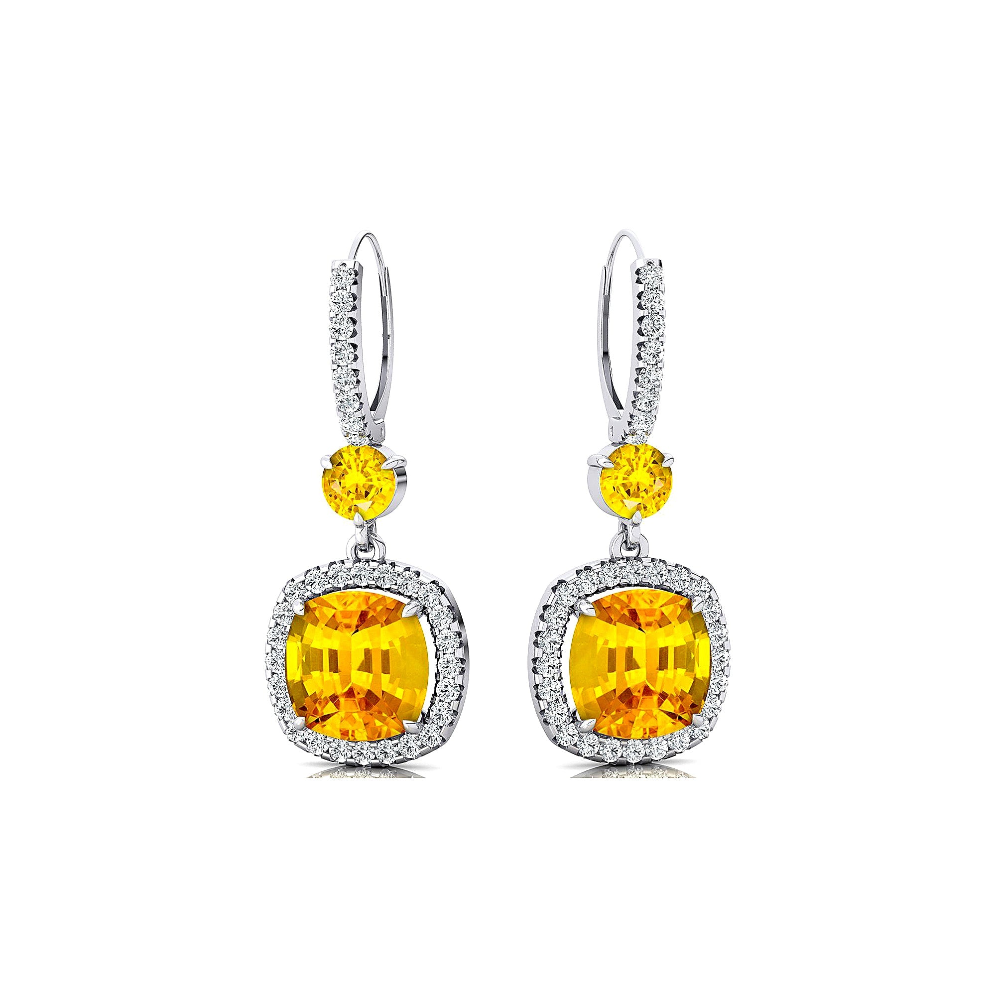 Halo Diamond Cushion Cut Yellow Sapphire Dangle Earrings - GeumJewels