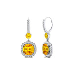 Halo Diamond Cushion Cut Yellow Sapphire Dangle Earrings - GeumJewels