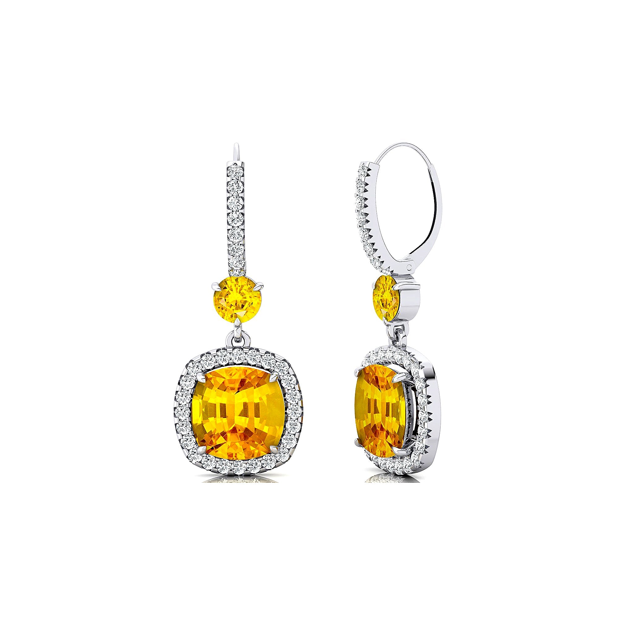 Halo Diamond Cushion Cut Yellow Sapphire Dangle Earrings - GeumJewels