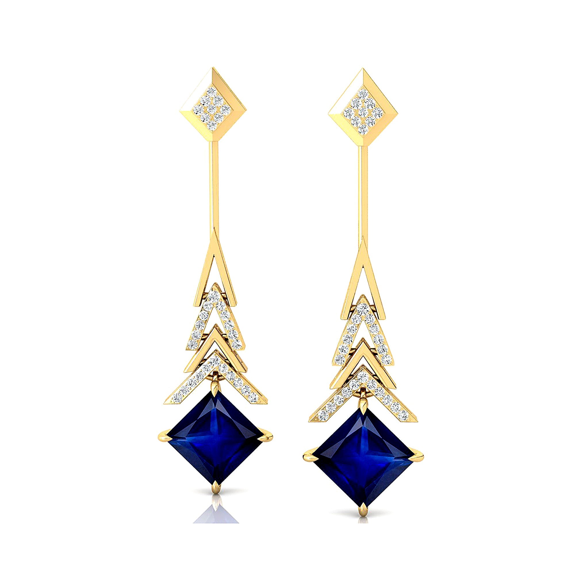 Inverted Princess Cut Blue Sapphire Drop Earrings with Diamonds - GeumJewels