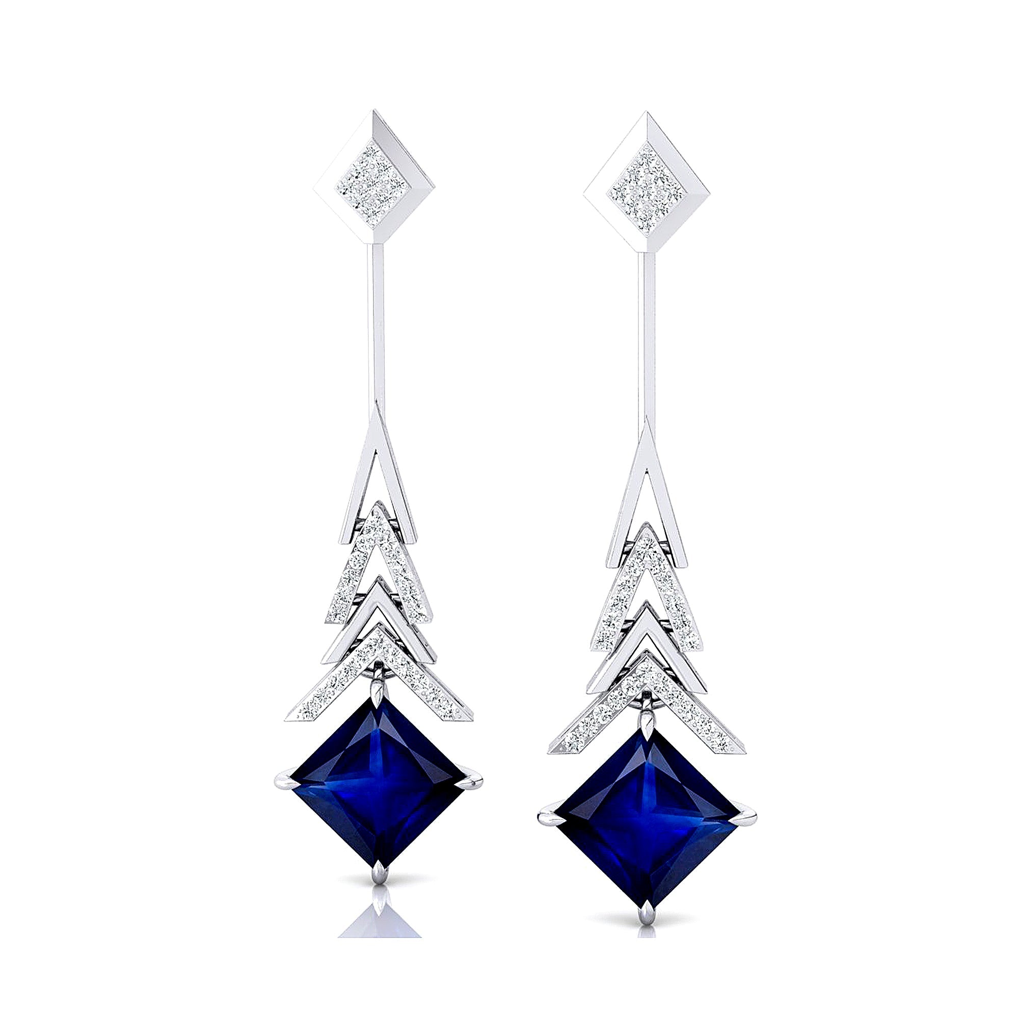 Inverted Princess Cut Blue Sapphire Drop Earrings with Diamonds - GeumJewels