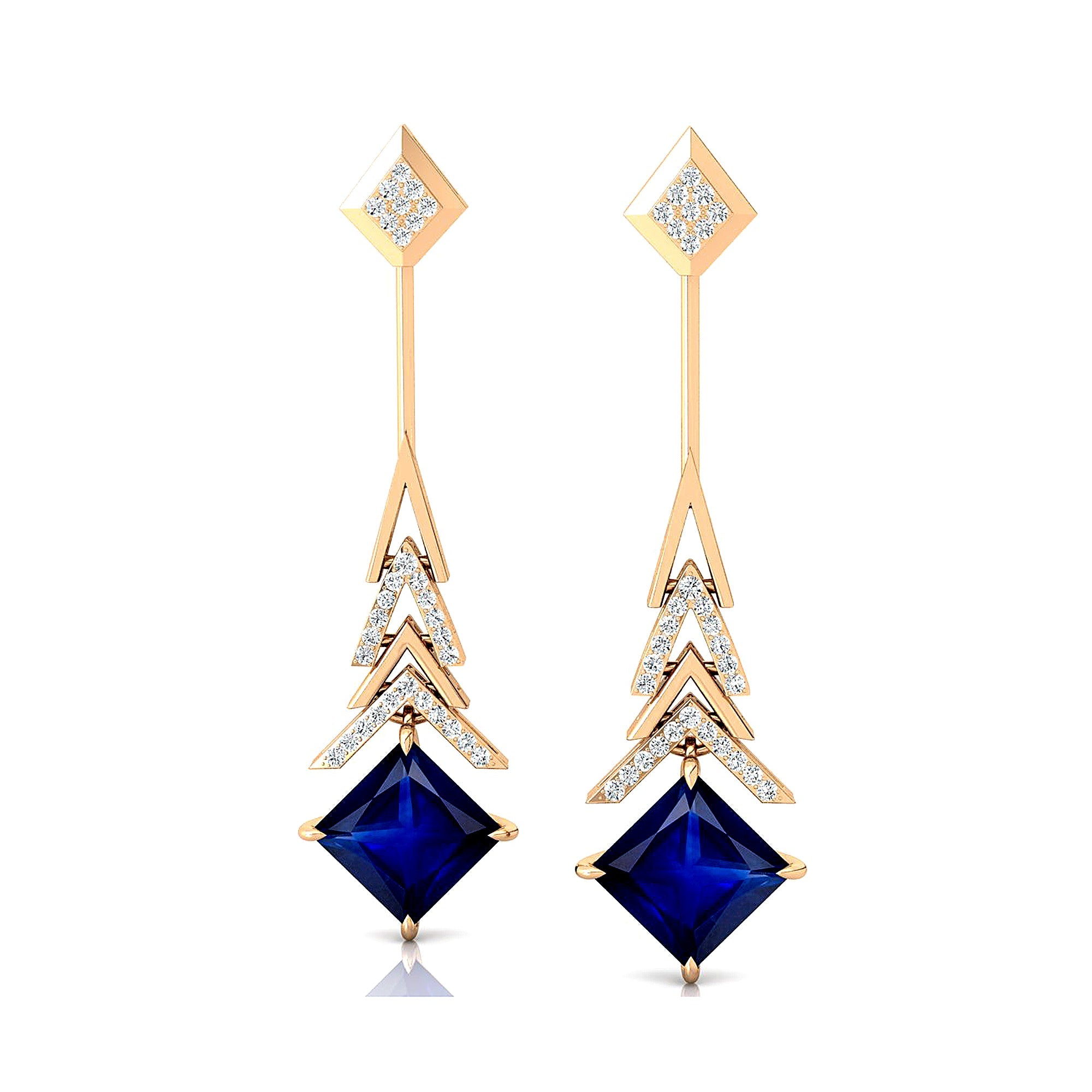 Inverted Princess Cut Blue Sapphire Drop Earrings with Diamonds - GeumJewels