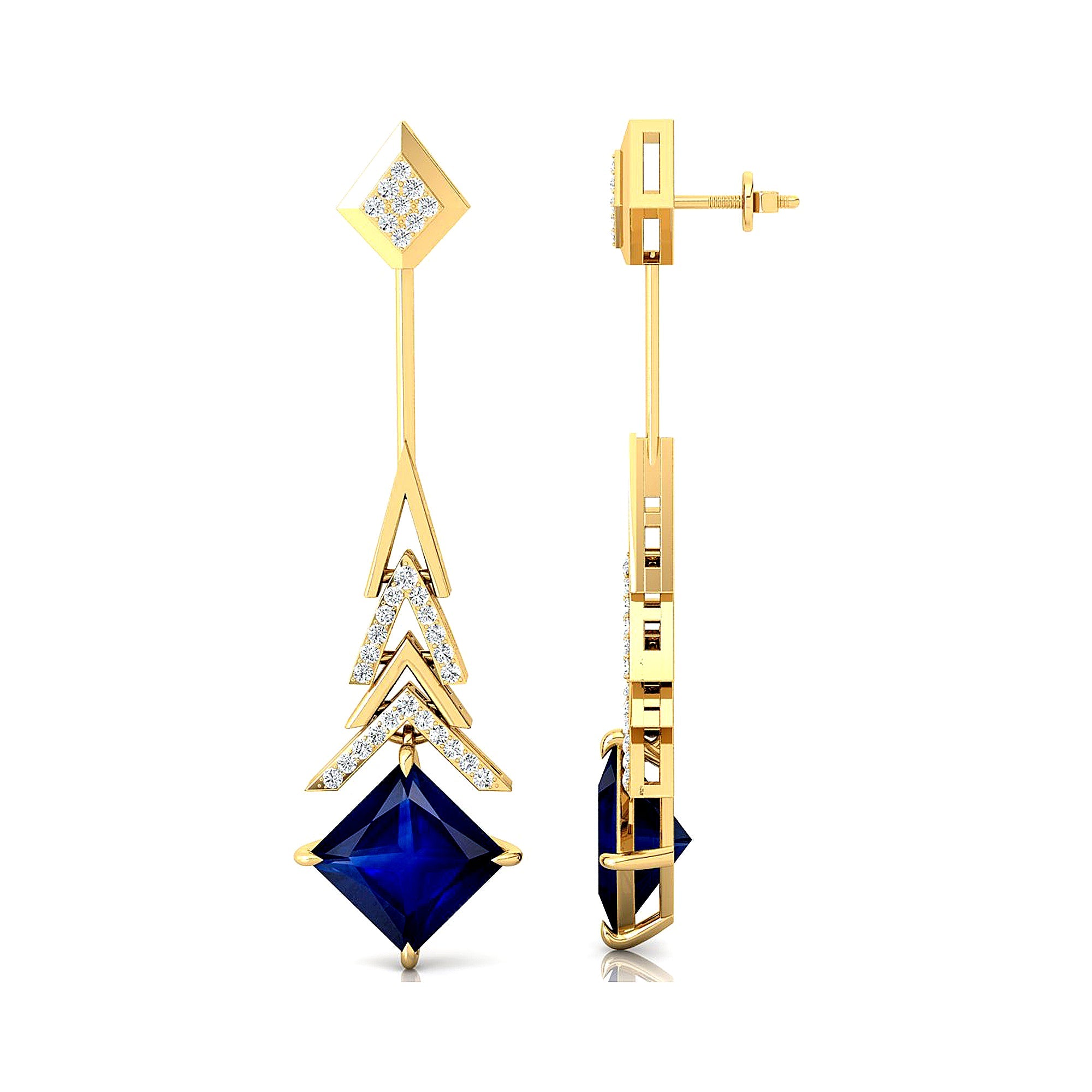 Inverted Princess Cut Blue Sapphire Drop Earrings with Diamonds - GeumJewels