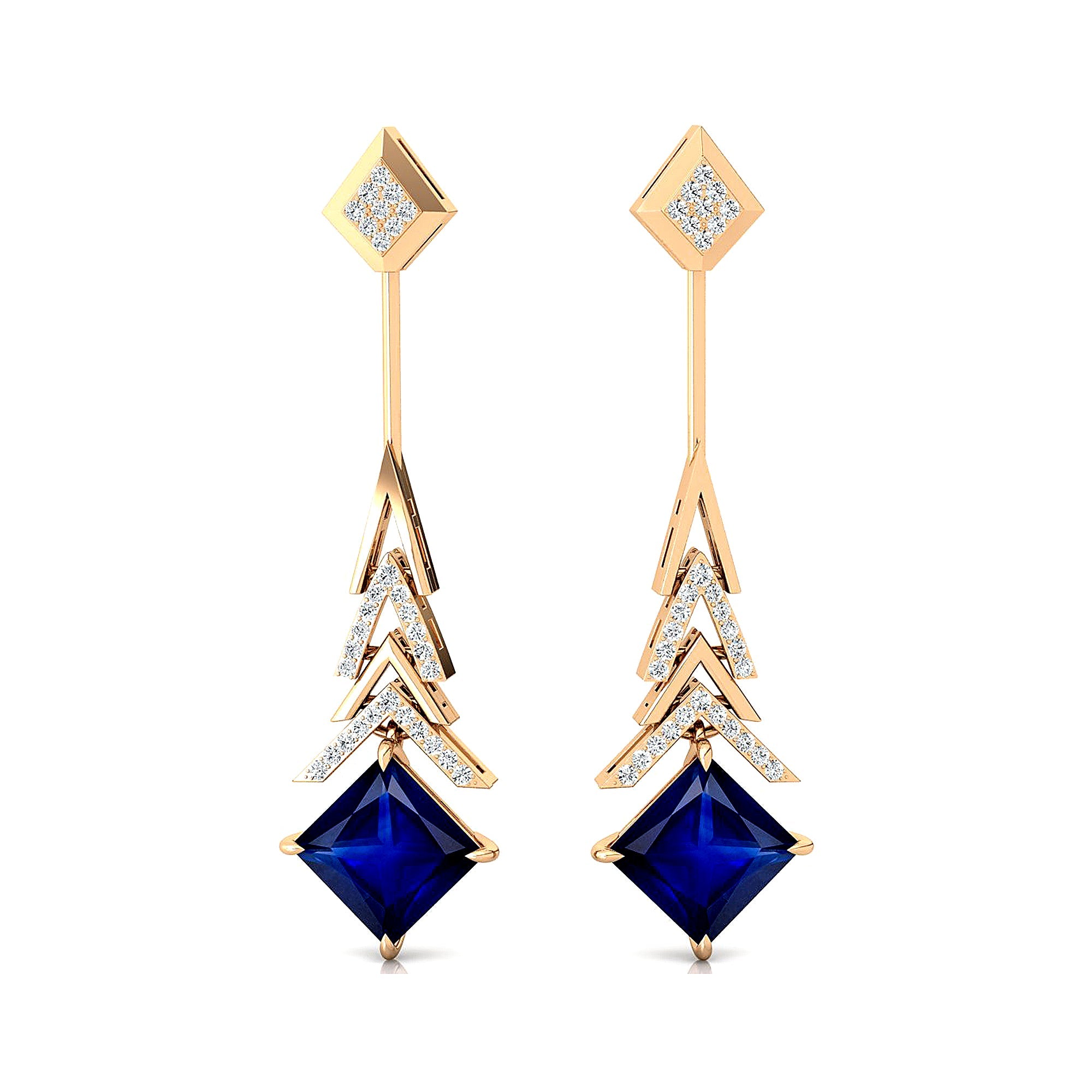 Inverted Princess Cut Blue Sapphire Drop Earrings with Diamonds - GeumJewels