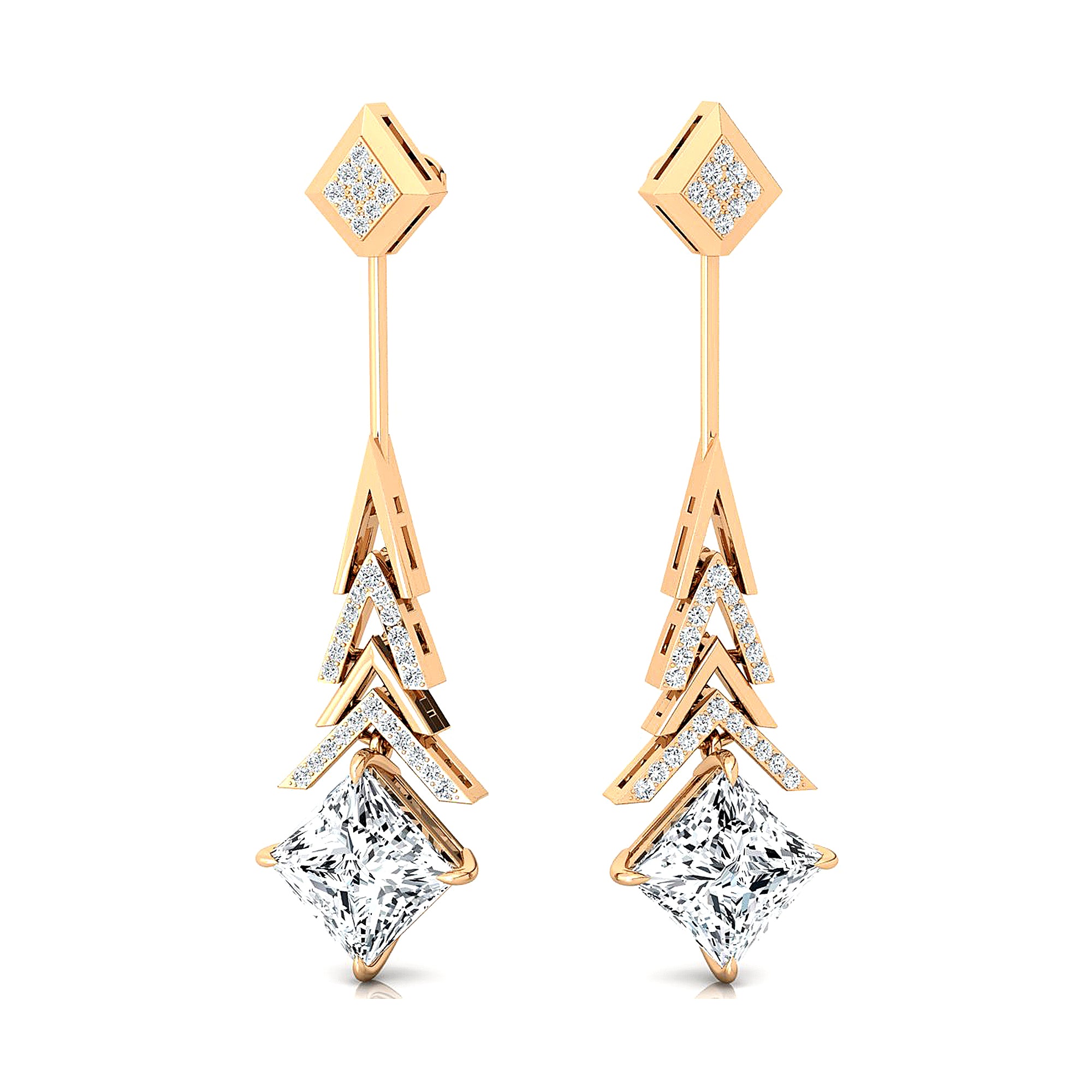 Inverted Princess Cut Lab Diamond Drop Earrings with Diamonds - GeumJewels
