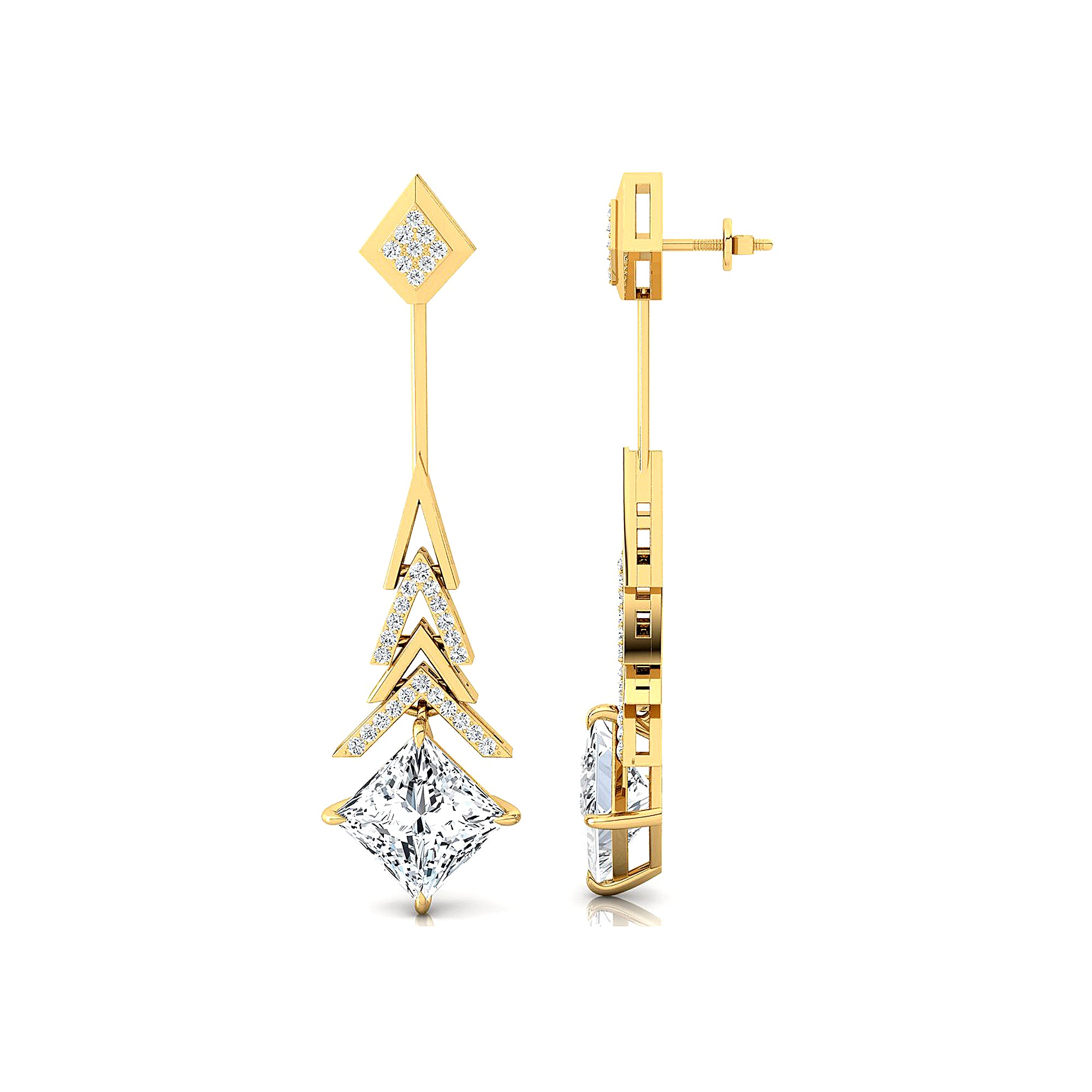 Inverted Princess Cut Lab Diamond Drop Earrings with Diamonds - GeumJewels