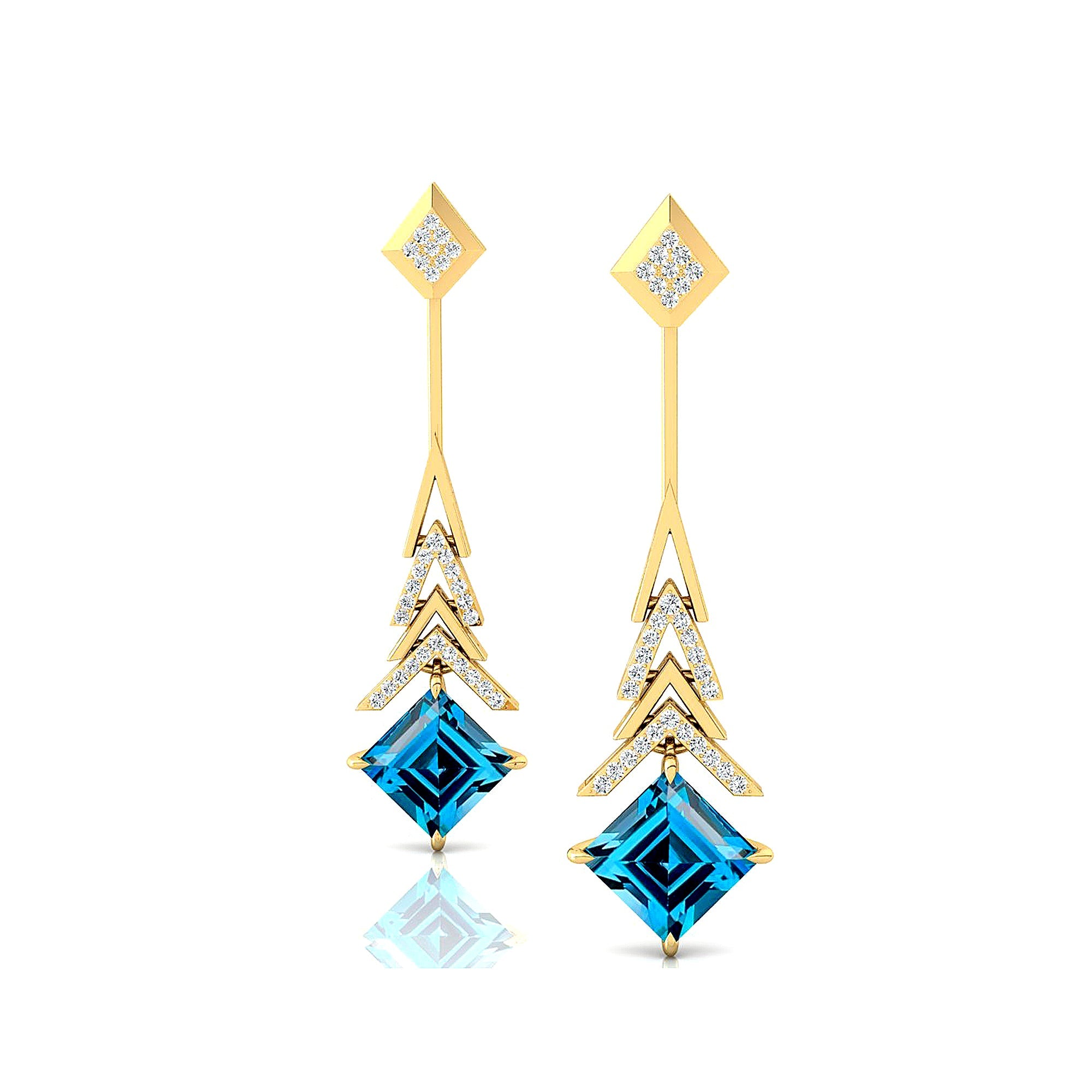 Inverted Princess Cut London Blue Topaz Drop Earrings with Diamonds - GeumJewels