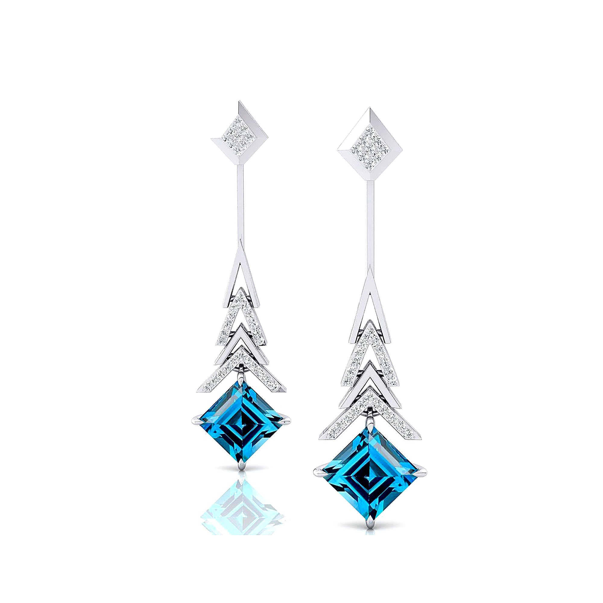 Inverted Princess Cut London Blue Topaz Drop Earrings with Diamonds - GeumJewels