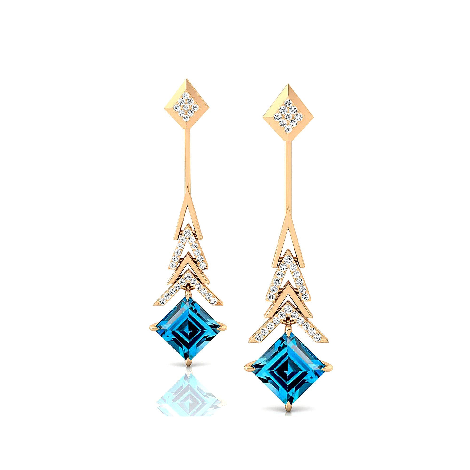 Inverted Princess Cut London Blue Topaz Drop Earrings with Diamonds - GeumJewels