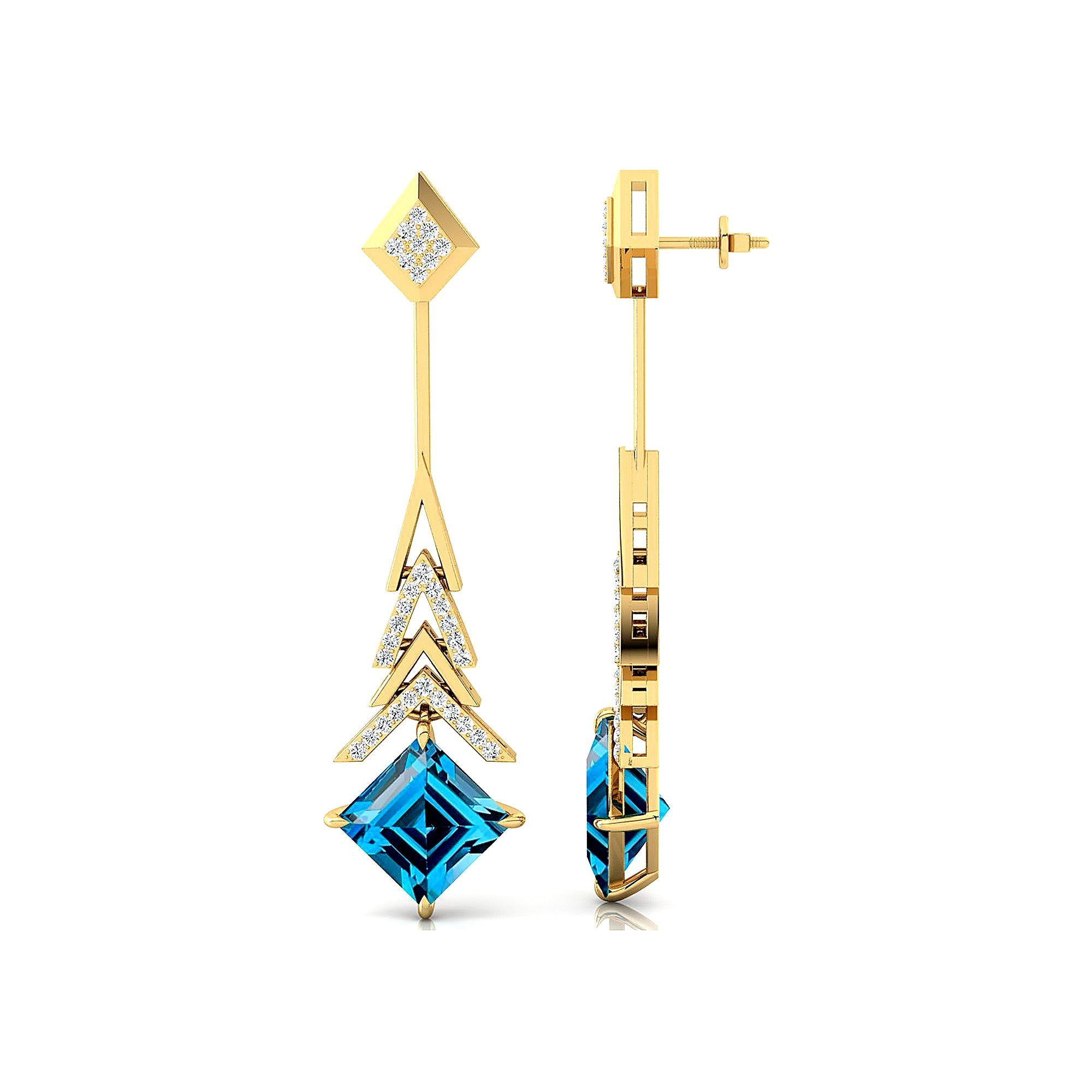 Inverted Princess Cut London Blue Topaz Drop Earrings with Diamonds - GeumJewels