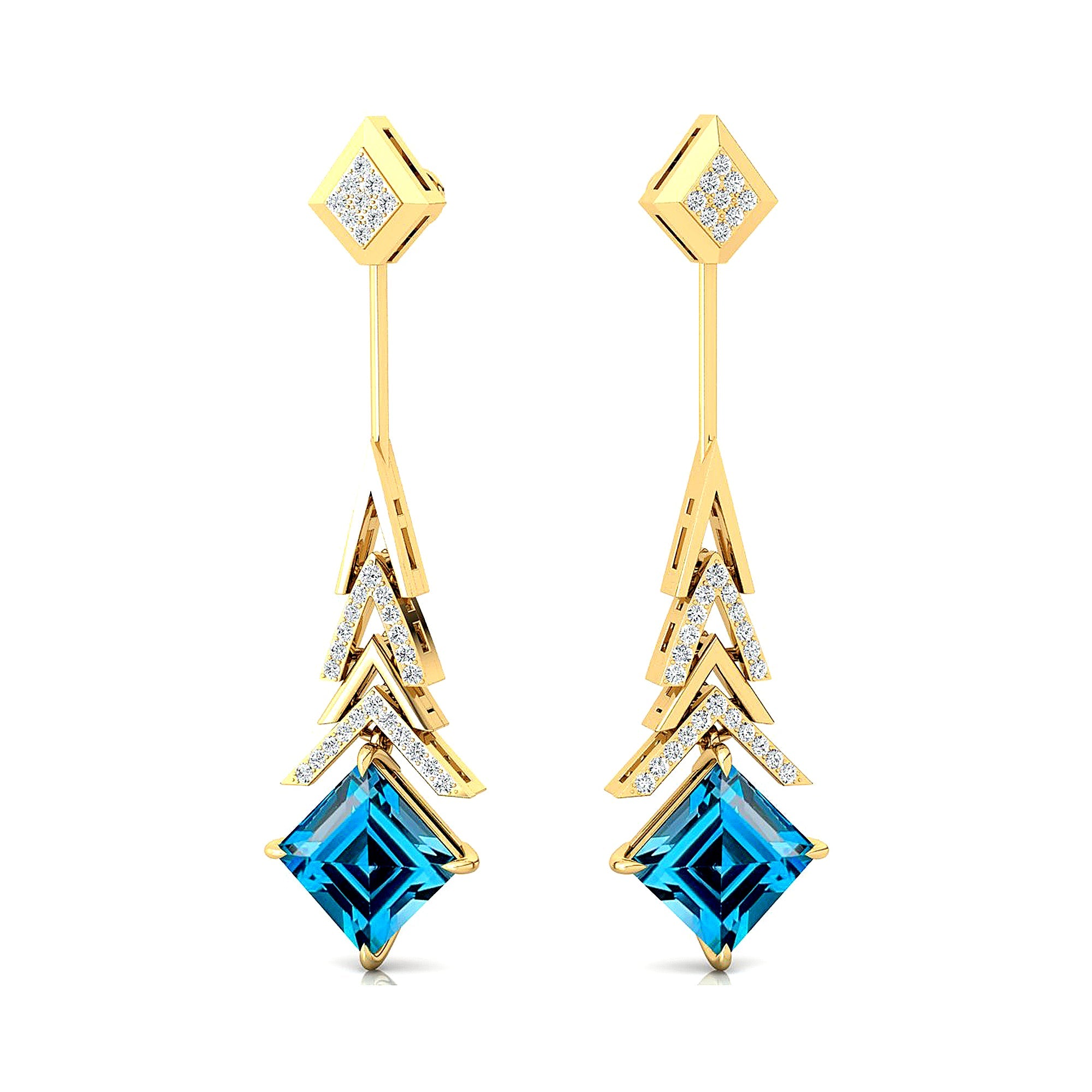 Inverted Princess Cut London Blue Topaz Drop Earrings with Diamonds - GeumJewels