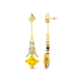 Inverted Princess Cut Yellow Sapphire Drop Earrings with Diamonds - GeumJewels
