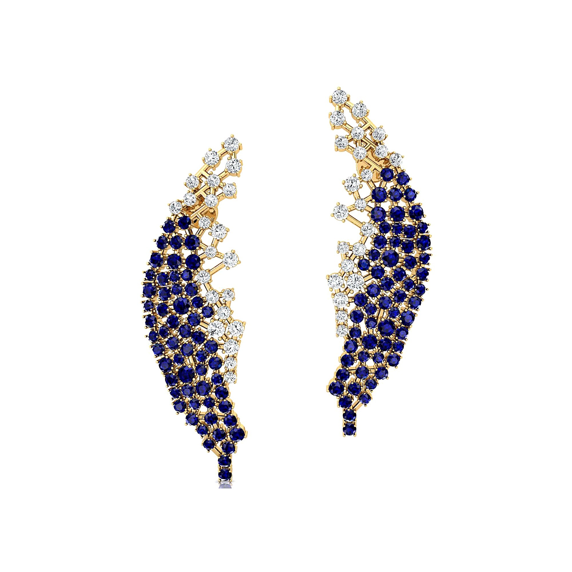 Nature Inspired Feather Shaped Cocktail Blue Sapphire Earrings with Diamond Accents - GeumJewels